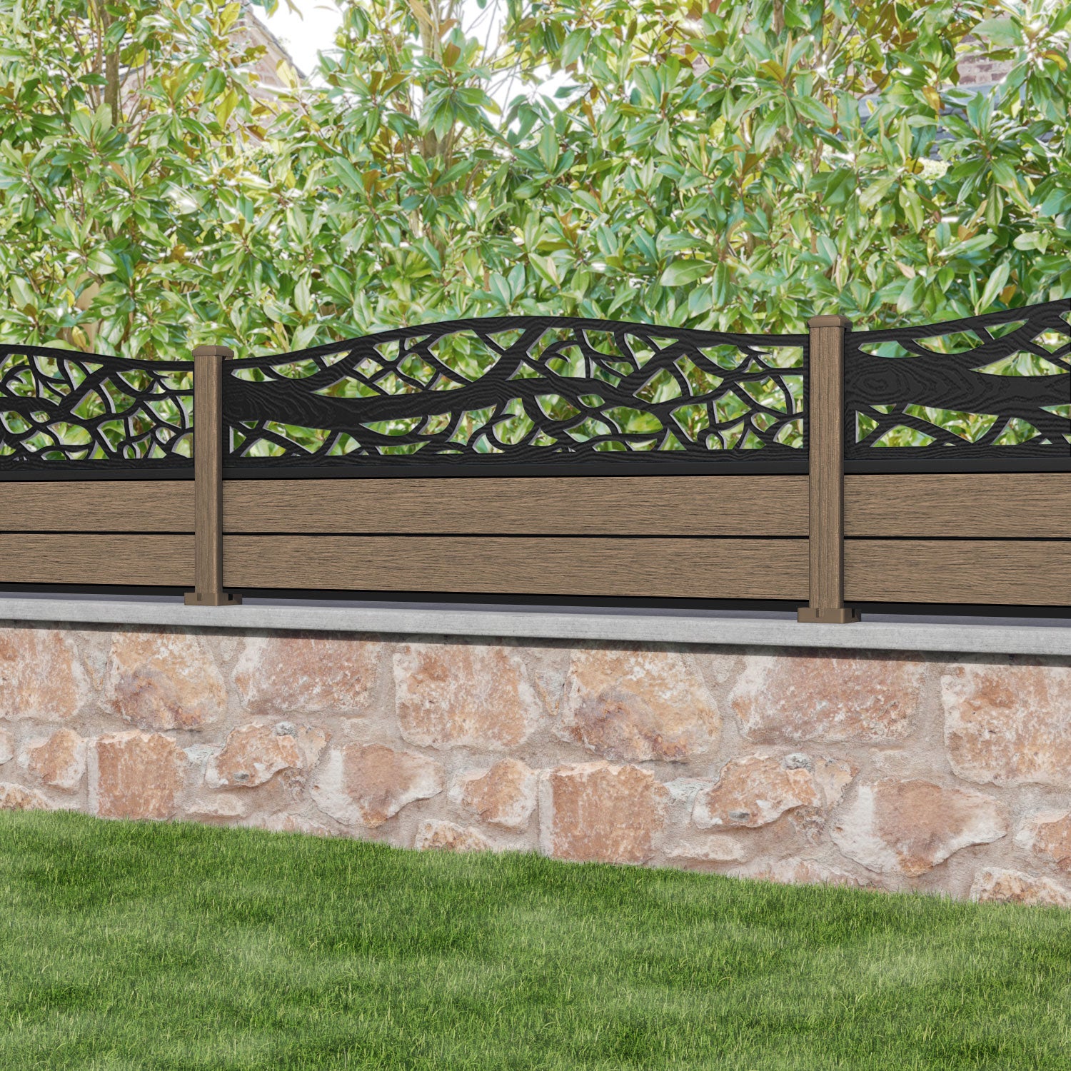 Fusion Twilight Curved Top Fence Panel - Teak - with our composite posts