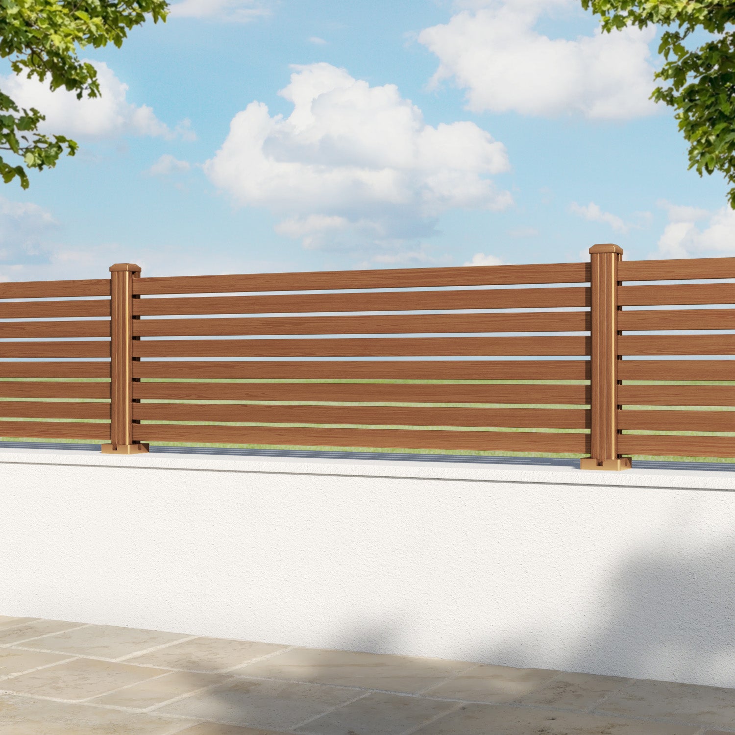 Aria Aluminium Fence Panel - Teak - with our aluminium posts