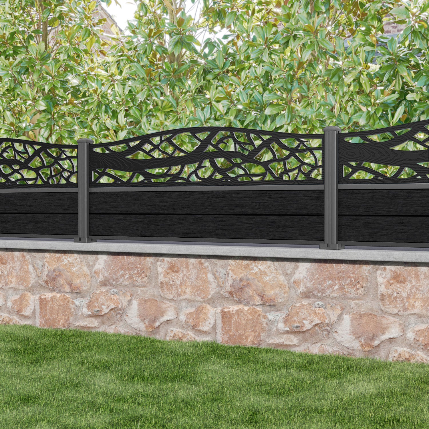 Fusion Twilight Curved Top Fence Panel - Black - with our aluminium posts