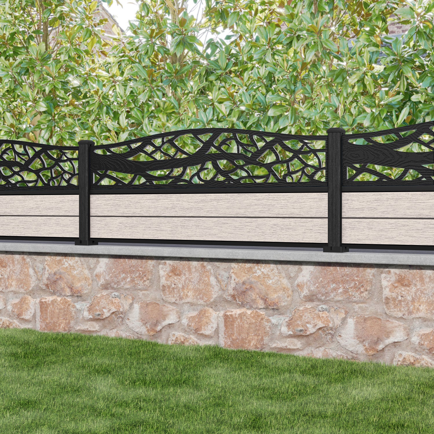 Fusion Twilight Curved Top Fence Panel - Mid Stone - with our composite posts
