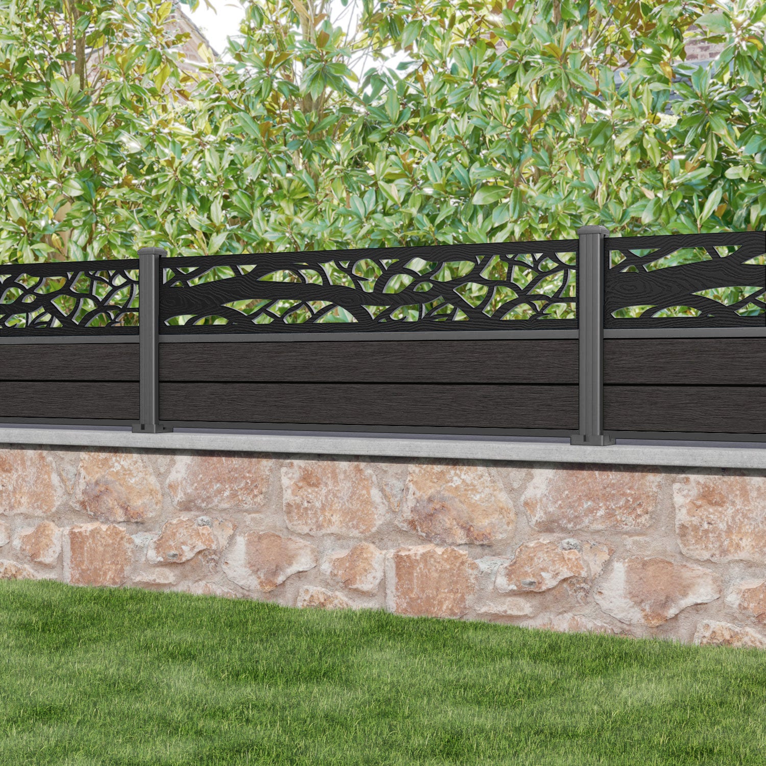Fusion Twilight Fence Panel - Dark Oak - with our aluminium posts