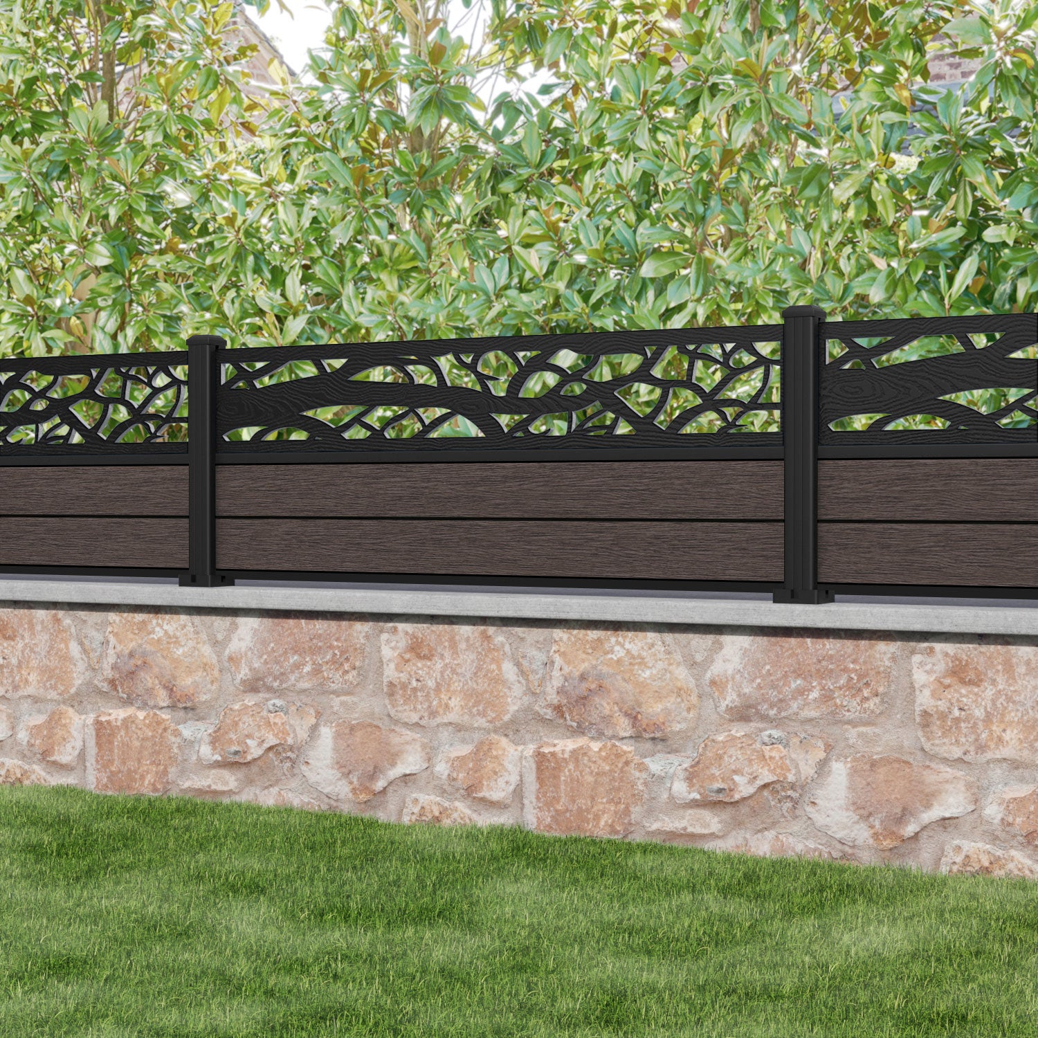 Fusion Twilight Fence Panel - Mid Brown - with our aluminium posts