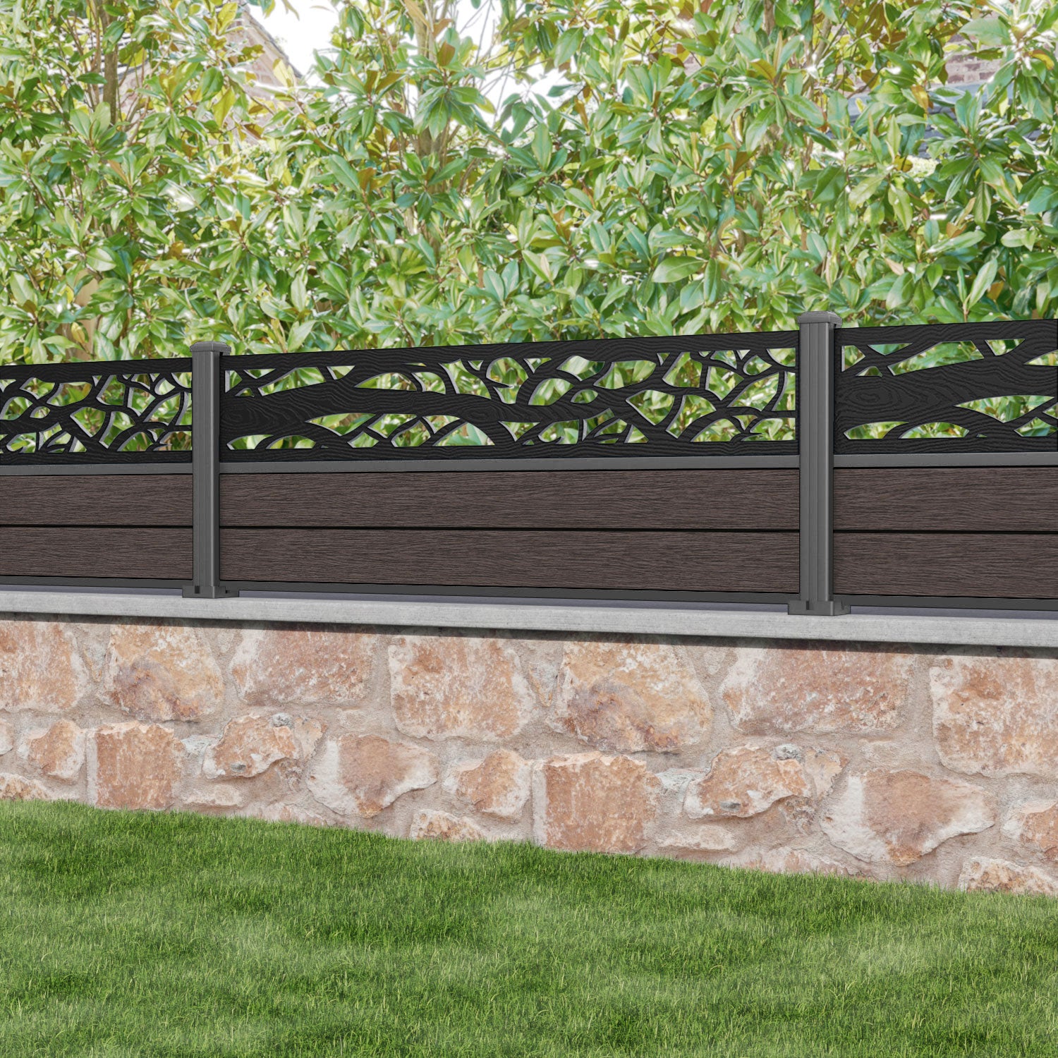 Fusion Twilight Fence Panel - Mid Brown - with our aluminium posts