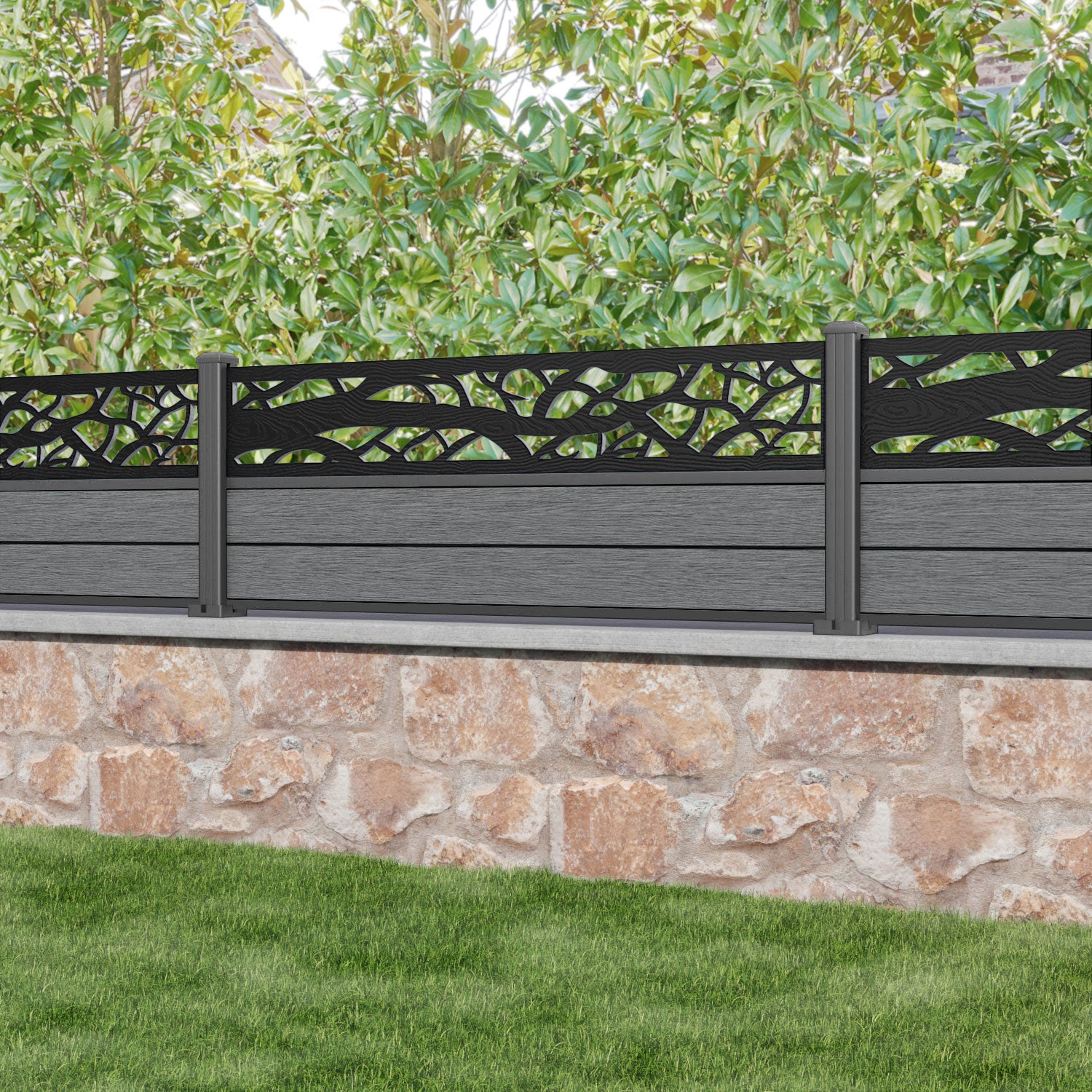 Fusion Twilight Fence Panel - Mid Grey - with our aluminium posts