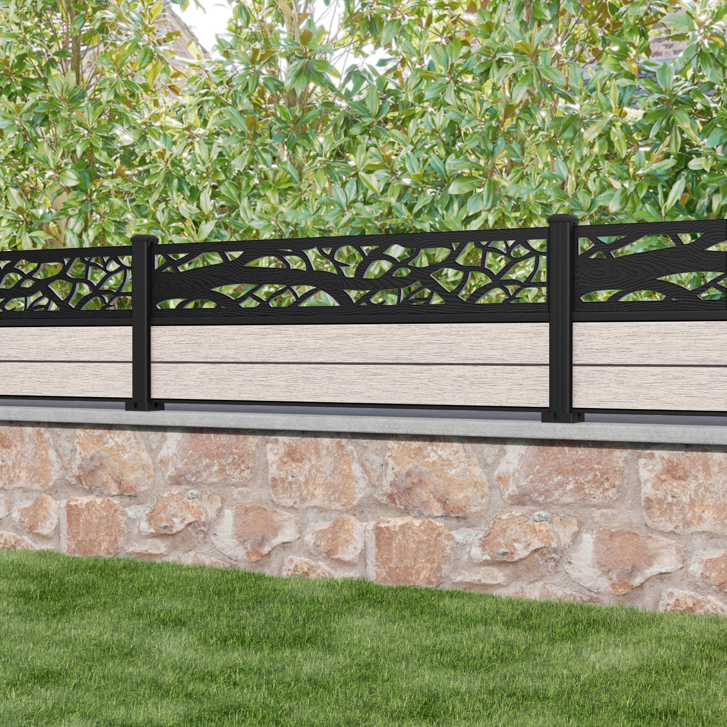 Fusion Twilight Fence Panel - Mid Stone - with our aluminium posts