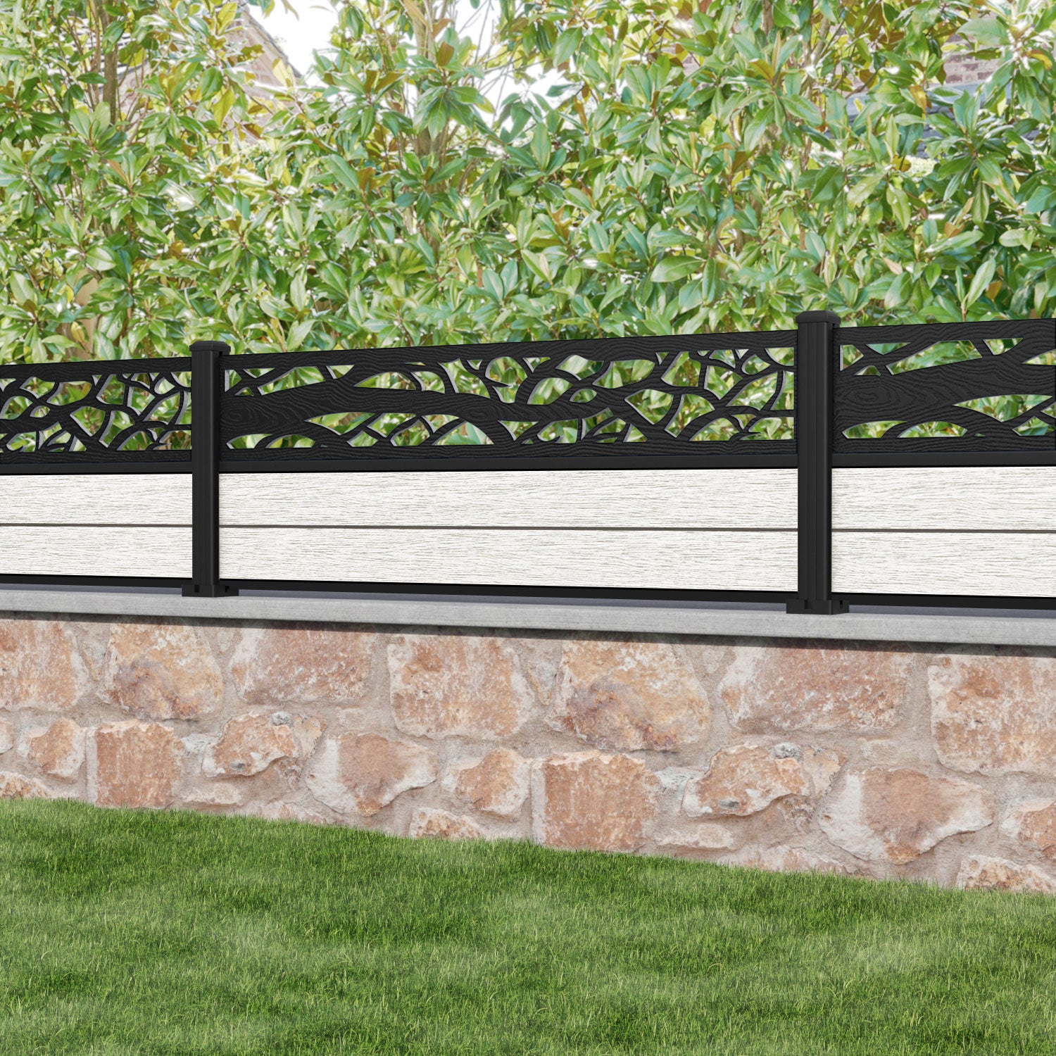 Fusion Twilight Fence Panel - Light Stone - with our aluminium posts