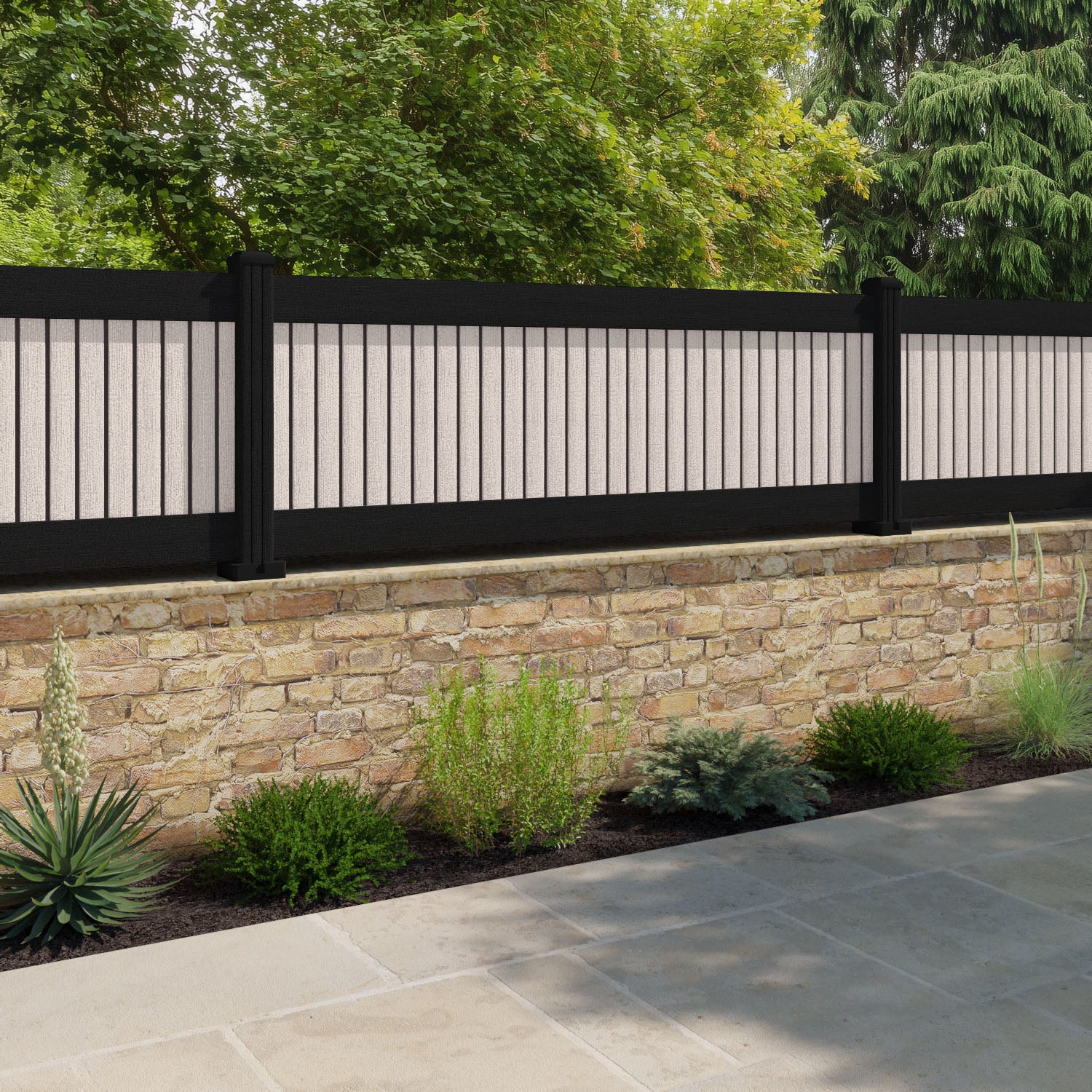 Virtis Fence Panel - Mid Stone - with our aluminium posts