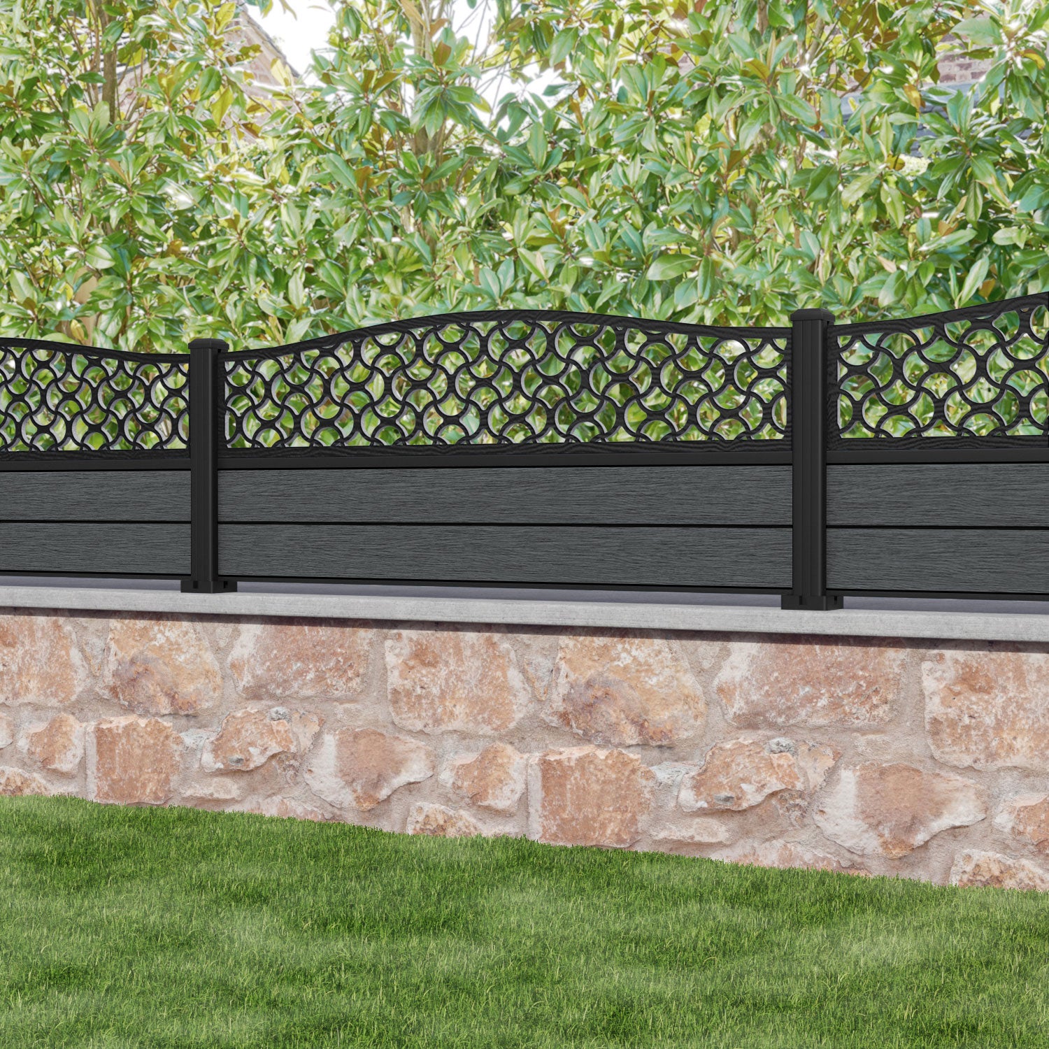Fusion Vida Curved Top Fence Panel - Dark Grey - with our aluminium posts