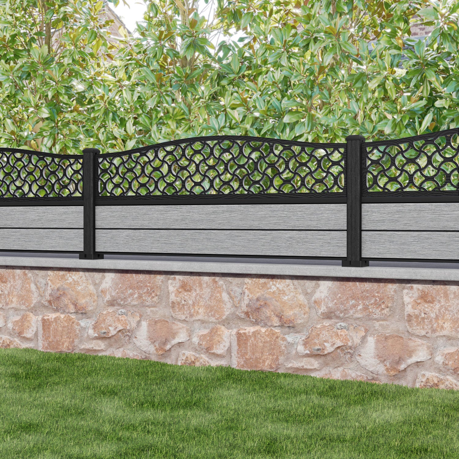 Fusion Vida Curved Top Fence Panel - Light Grey - with our composite posts