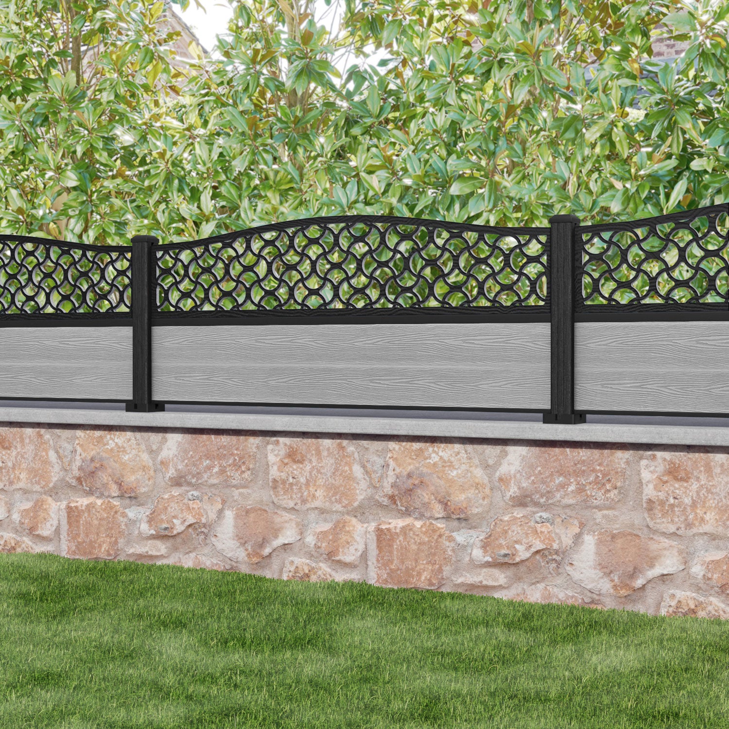 Classic Vida Curved Top Fence Panel - Light Grey - with our composite posts