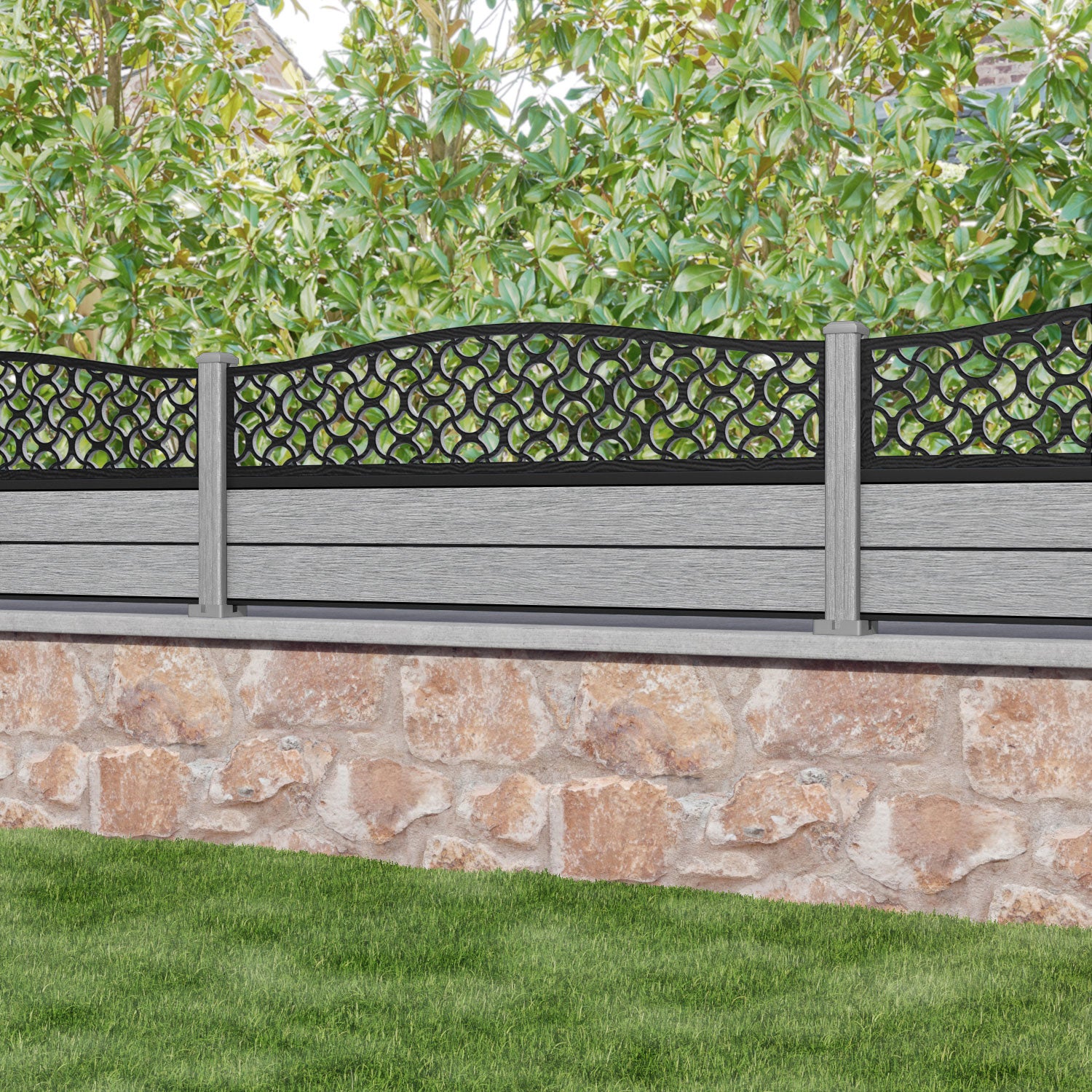 Fusion Vida Curved Top Fence Panel - Light Grey - with our composite posts
