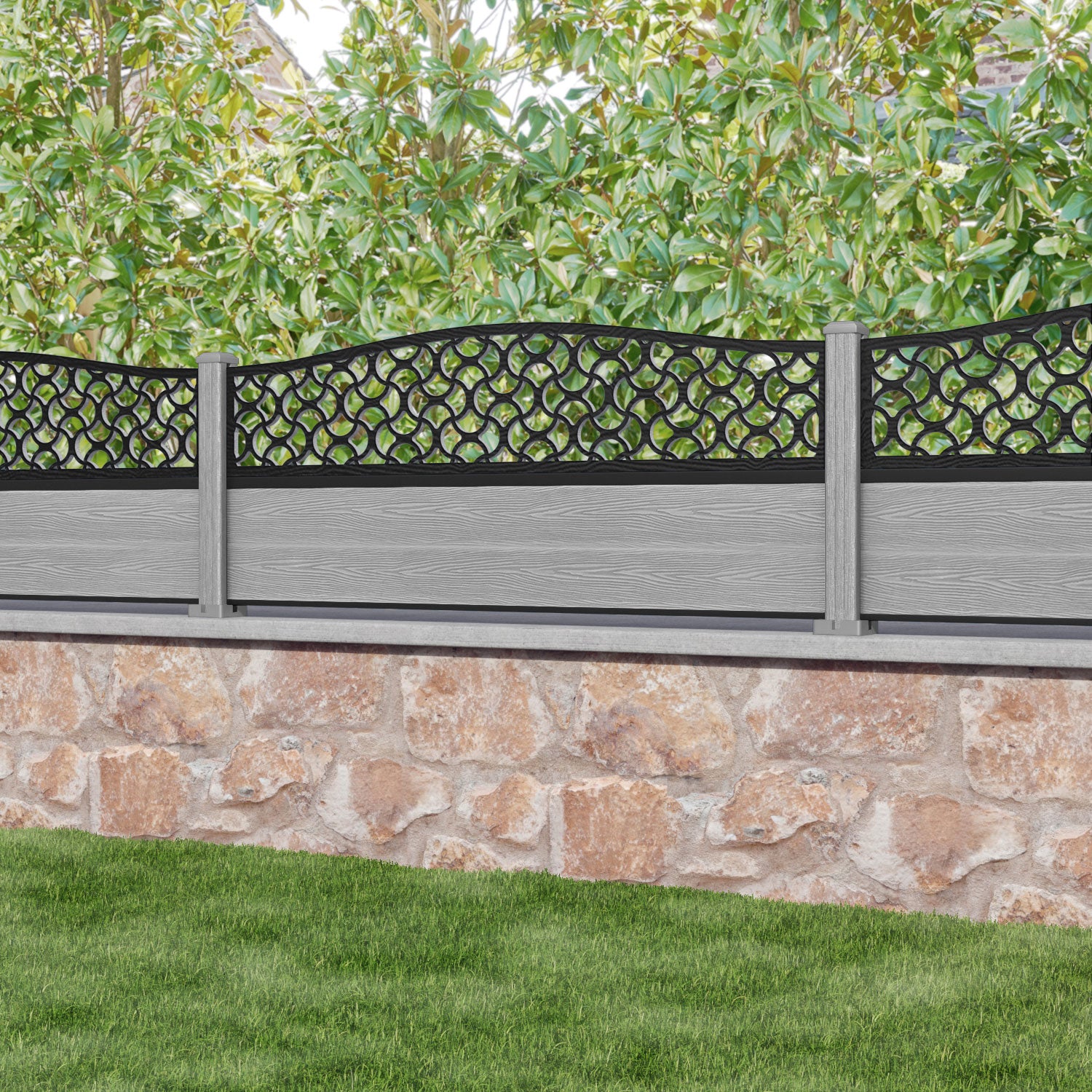 Classic Vida Curved Top Fence Panel - Light Grey - with our composite posts