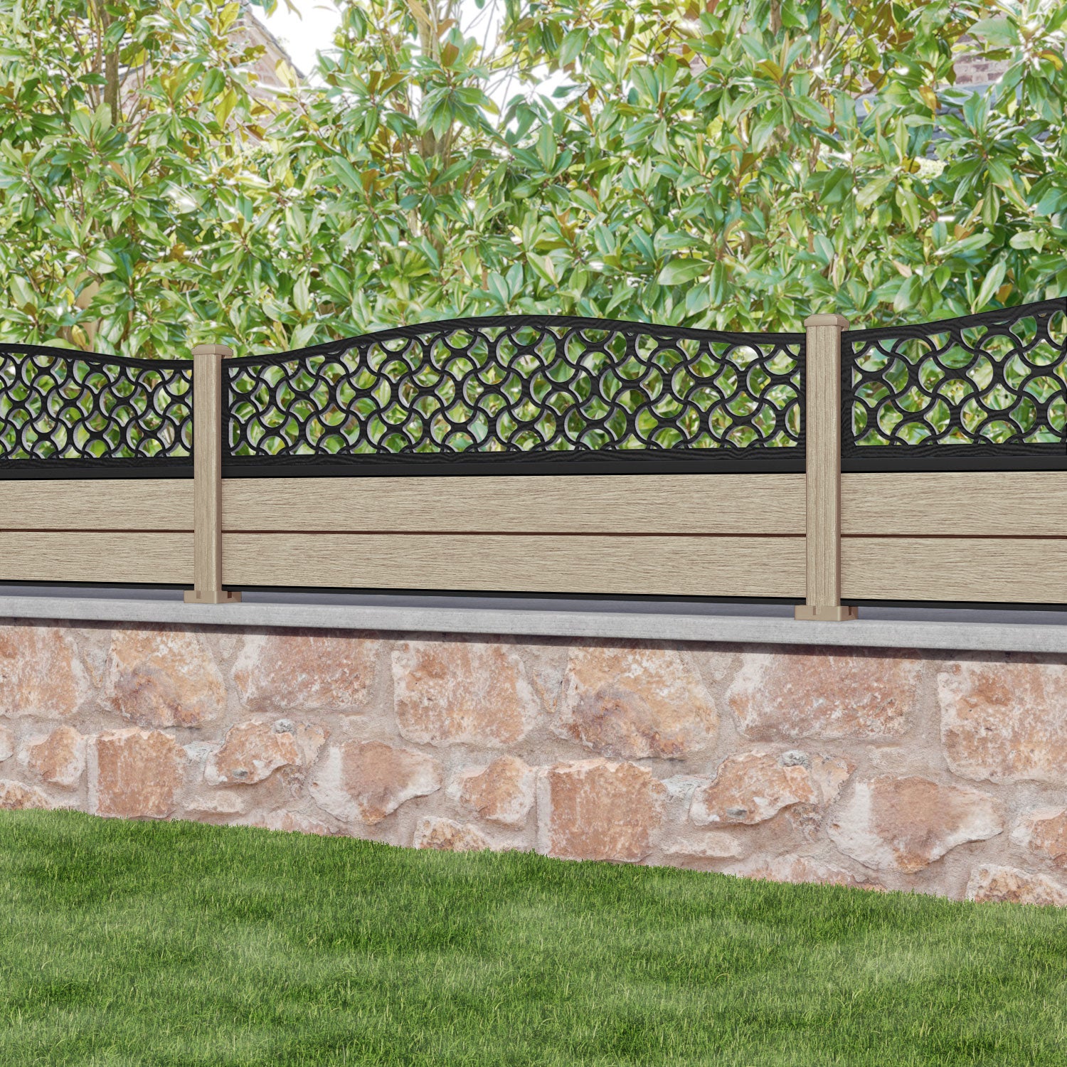 Fusion Vida Curved Top Fence Panel - Light Oak - with our composite posts