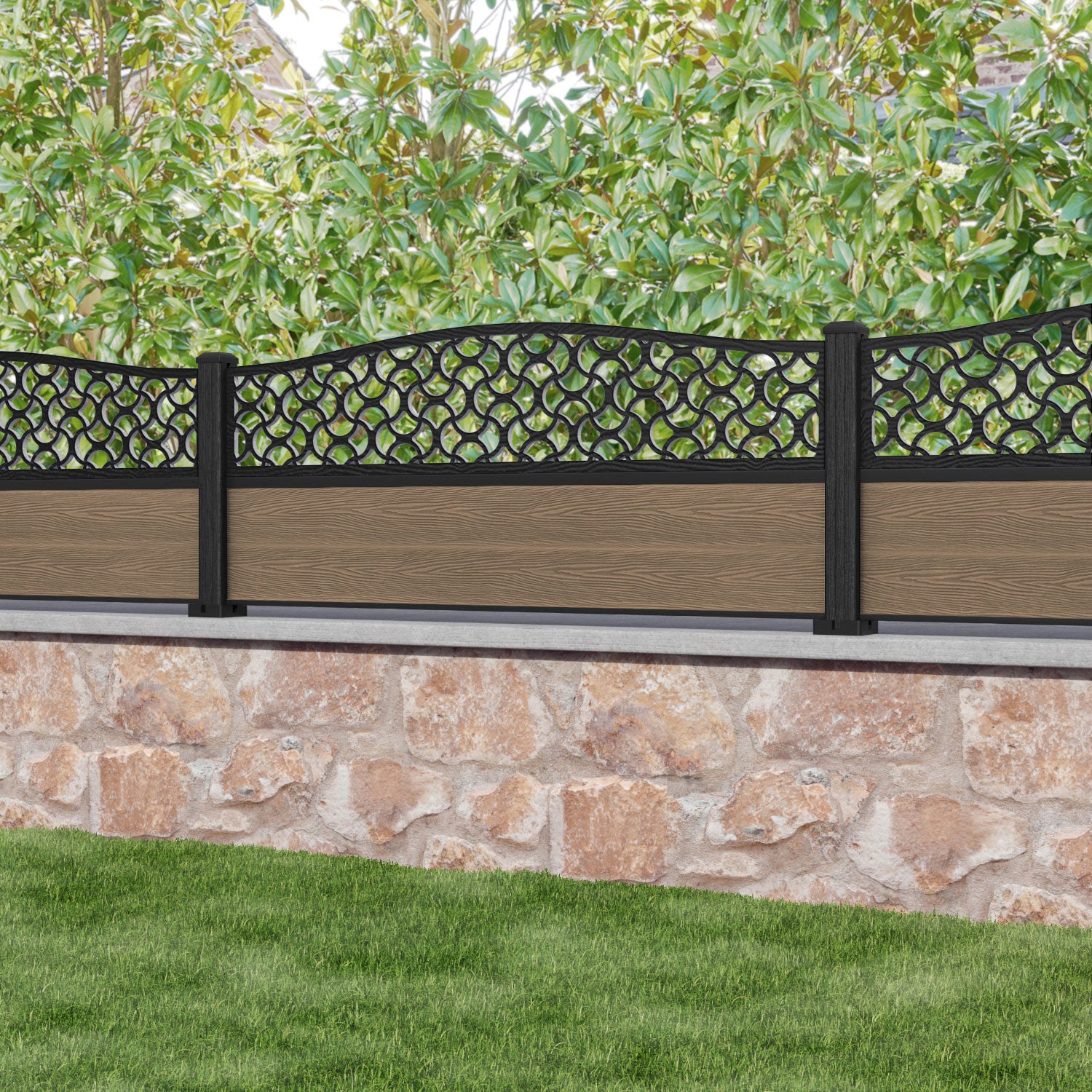 Classic Vida Curved Top Fence Panel - Teak - with our composite posts