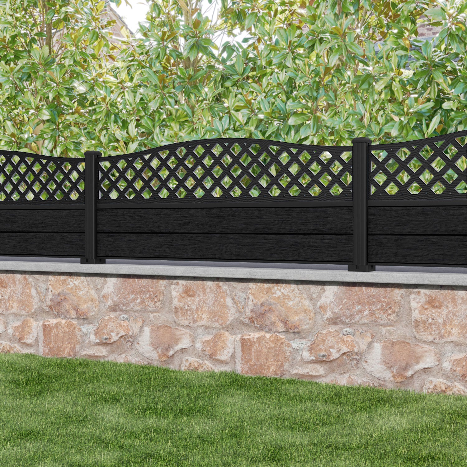 Fusion High Wave Fence Panel - Black - with our aluminium posts