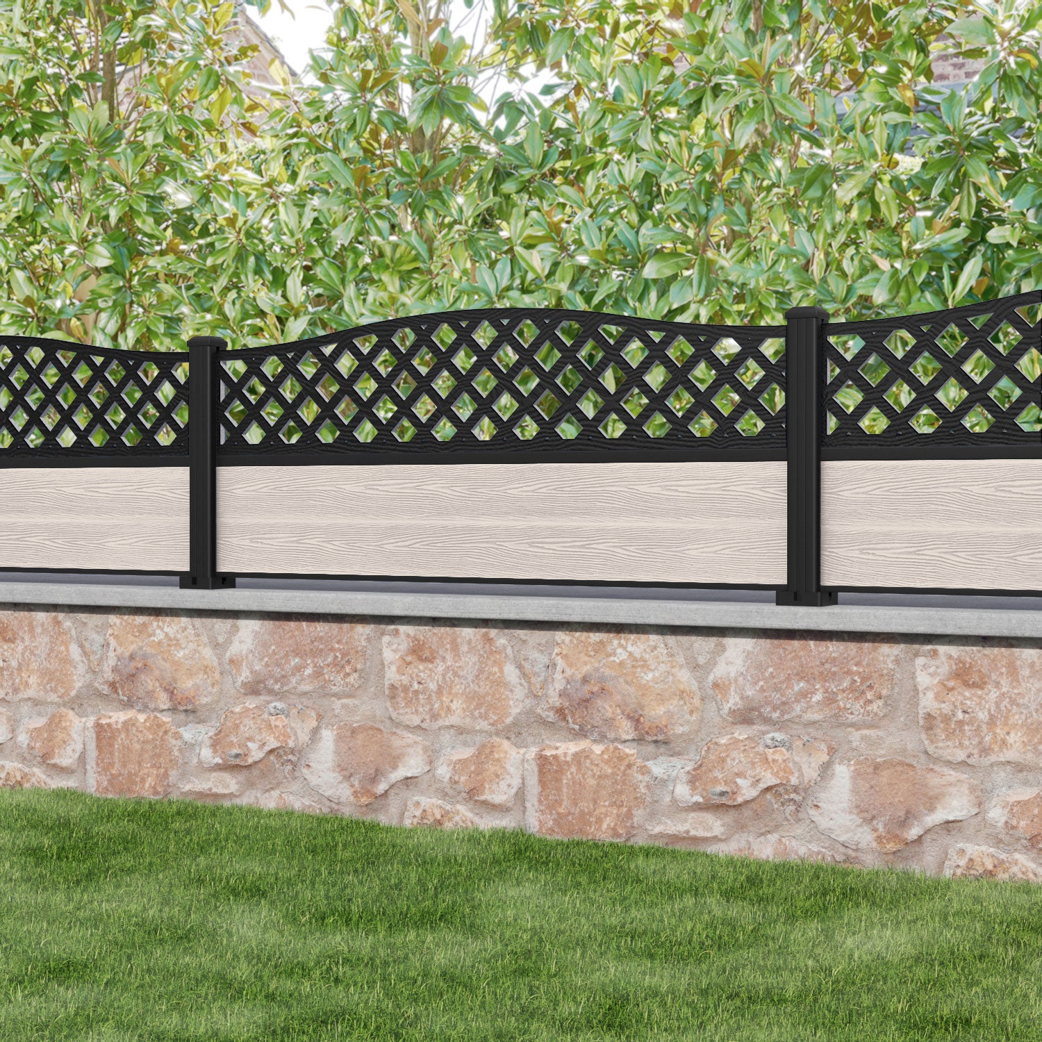 Classic High Wave Fence Panel - Mid Stone - with our aluminium posts
