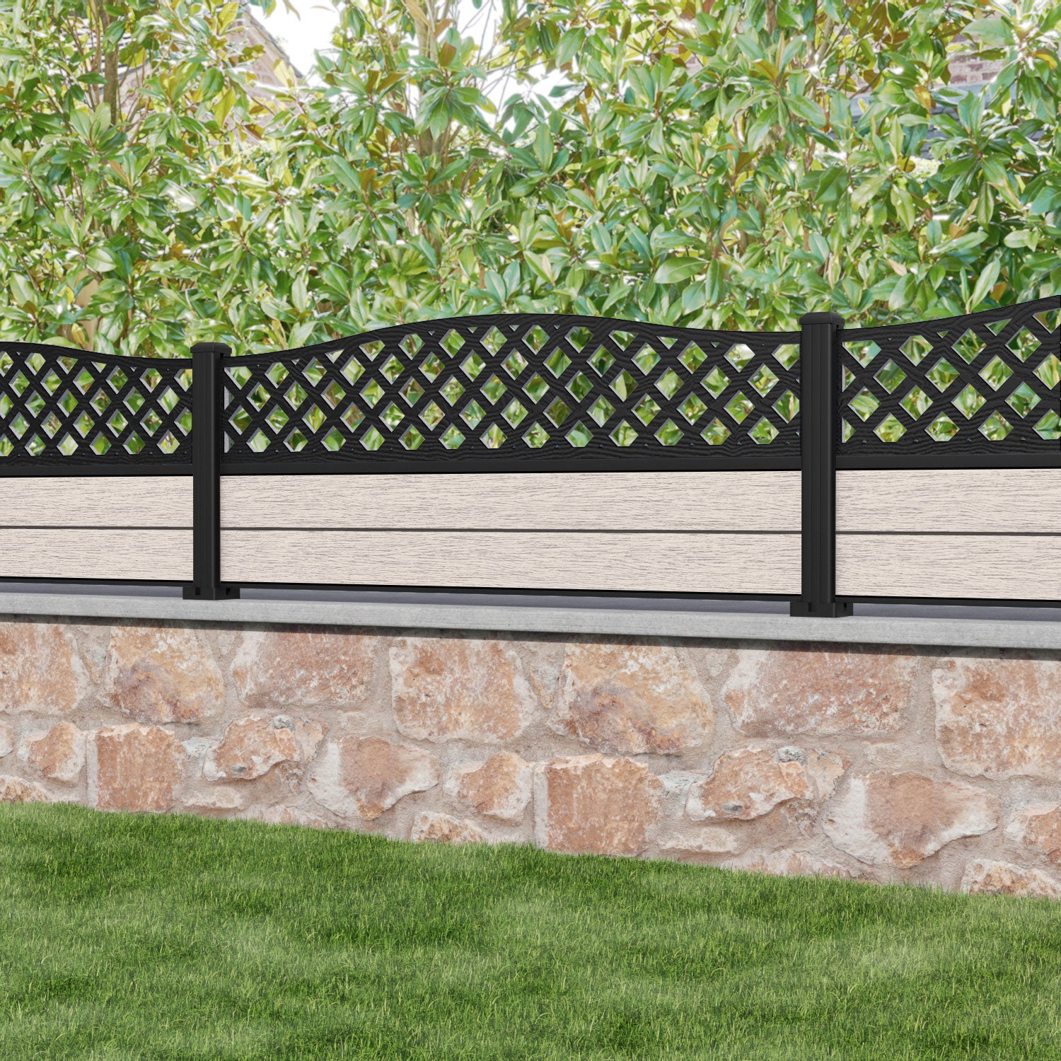 Fusion High Wave Curved Top Fence Panel - Mid Stone - with our aluminium posts