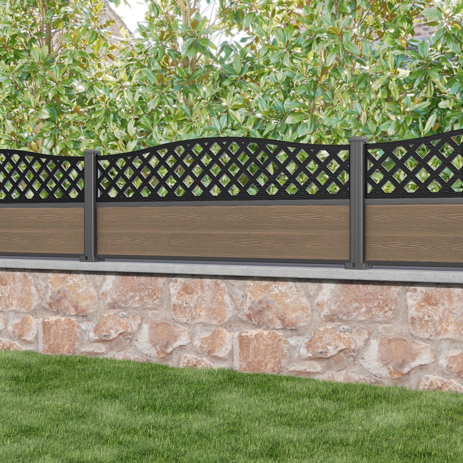Classic High Wave Fence Panel - Teak - with our aluminium posts