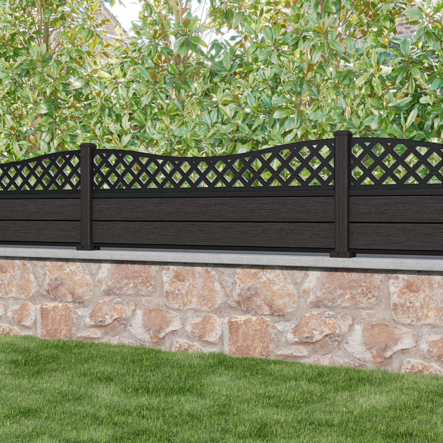 Fusion Low Wave Fence Panel - Dark Oak - with our composite posts