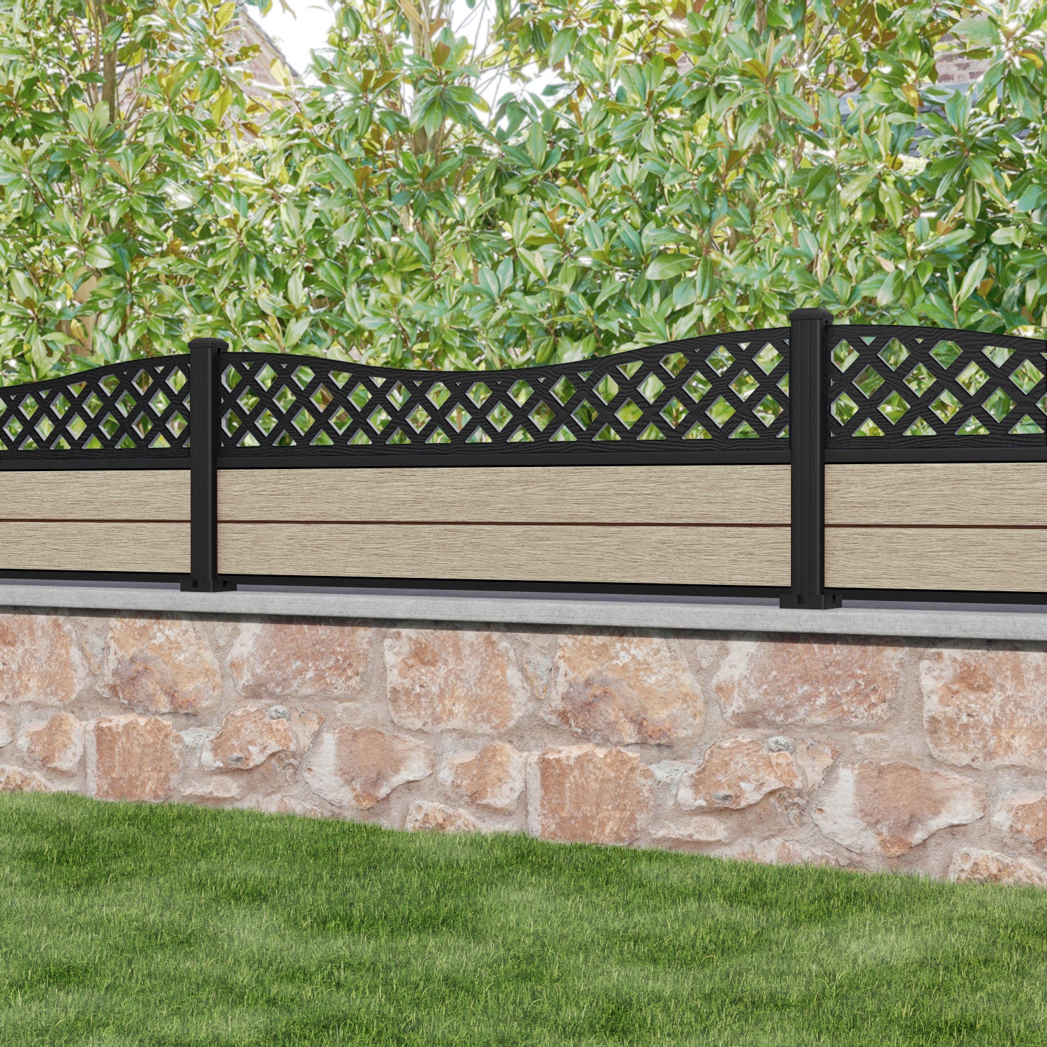 Fusion Low Wave Fence Panel - Light Oak - with our aluminium posts