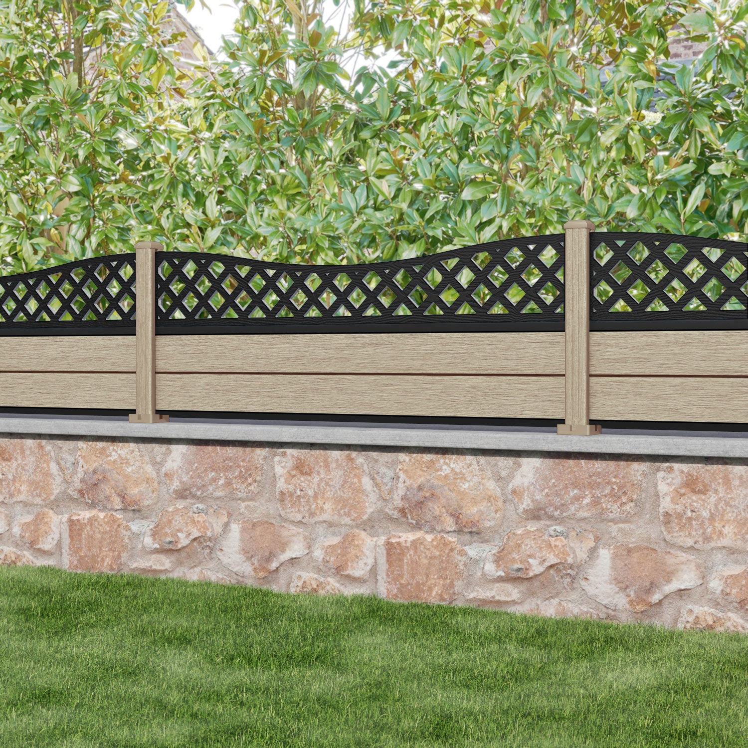 Fusion Low Wave Fence Panel - Light Oak - with our composite posts
