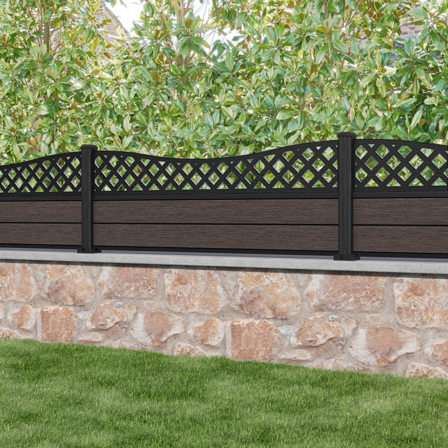 Fusion Low Wave Fence Panel - Mid Brown - with our composite posts