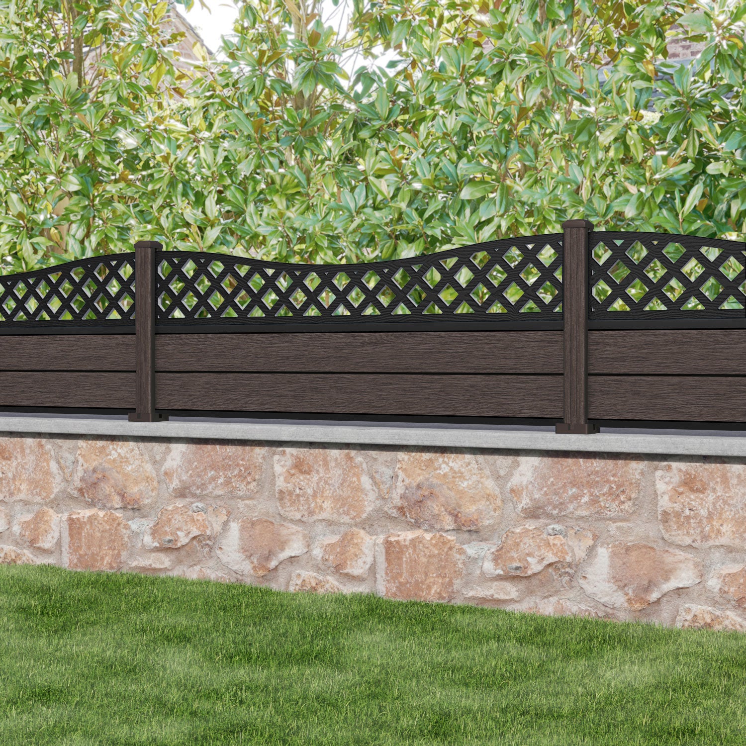 Fusion Low Wave Fence Panel - Mid Brown - with our composite posts