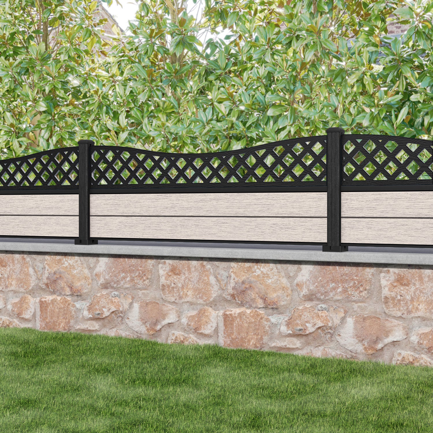 Fusion Low Wave Curved Top Fence Panel - Mid Stone - with our composite posts