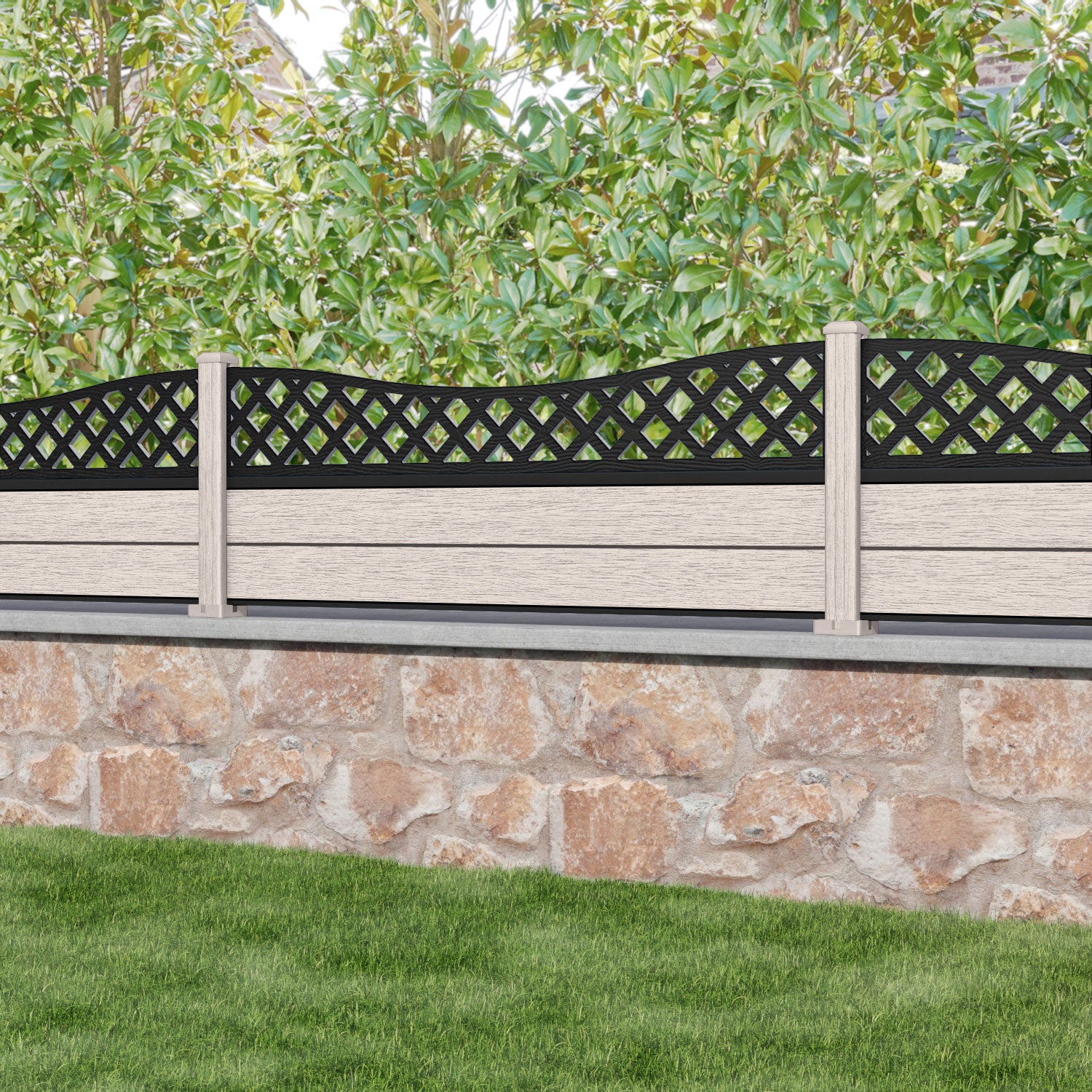 Fusion Low Wave Curved Top Fence Panel - Mid Stone - with our composite posts