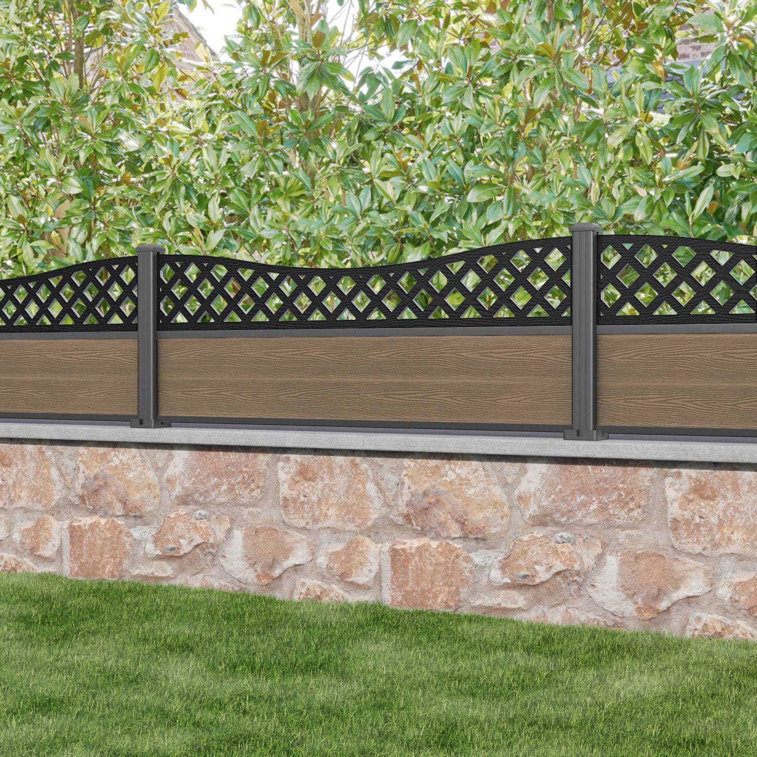 Classic Low Wave Fence Panel - Teak - with our aluminium posts