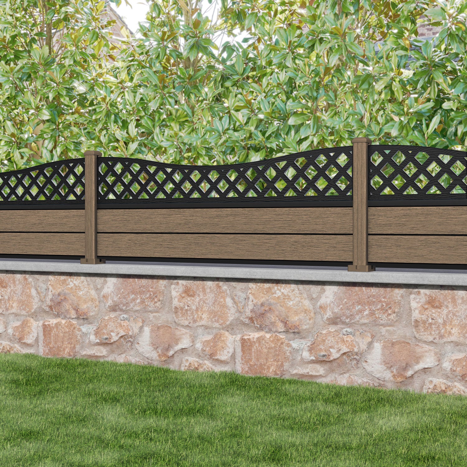 Fusion Low Wave Fence Panel - Teak - with our composite posts
