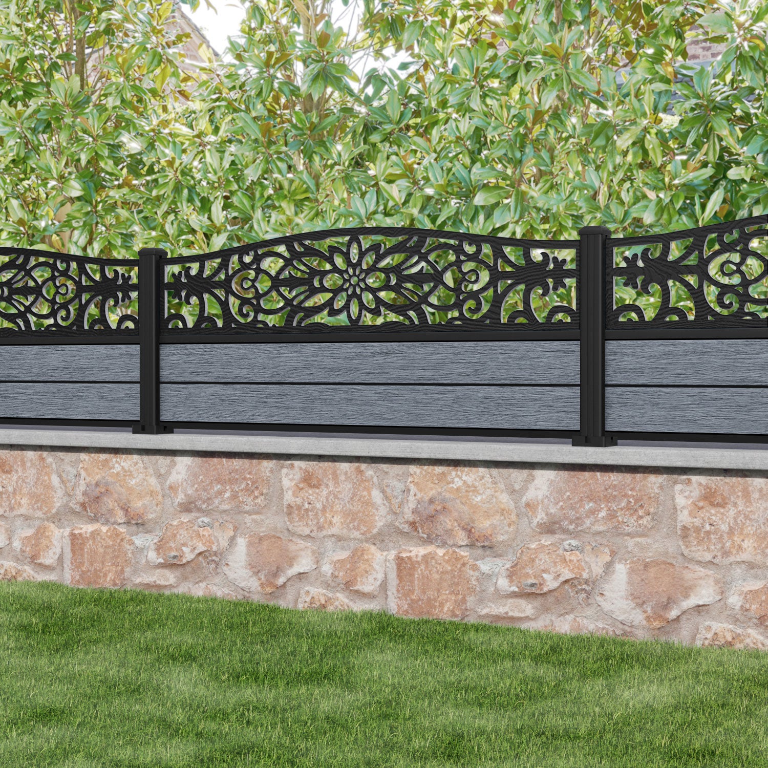 Fusion Windsor Curved Top Fence Panel - Anthracite - with our aluminium posts