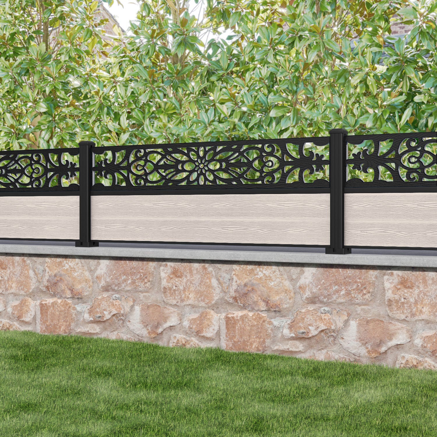 Classic Windsor Fence Panel - Mid Stone - with our aluminium posts