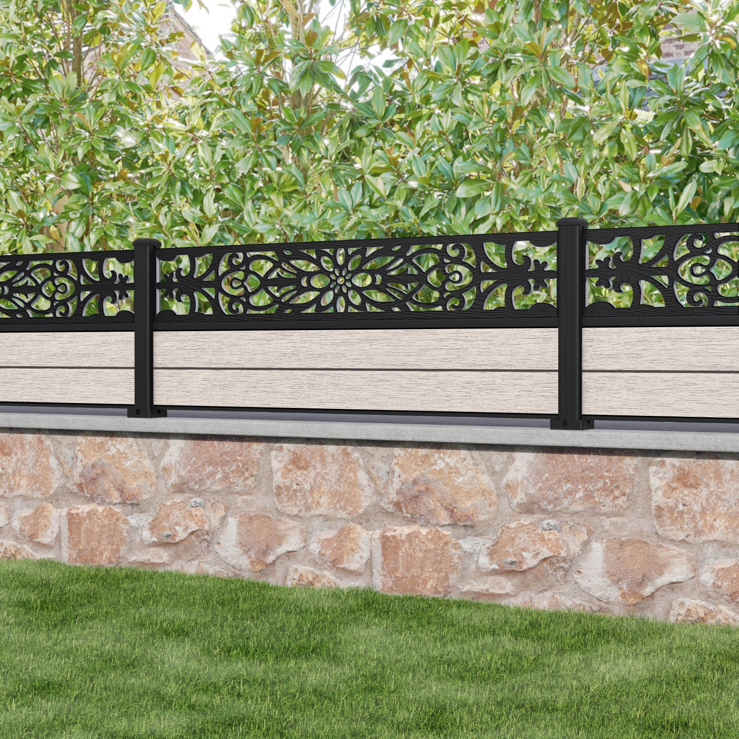 Fusion Windsor Fence Panel - Mid Stone - with our aluminium posts