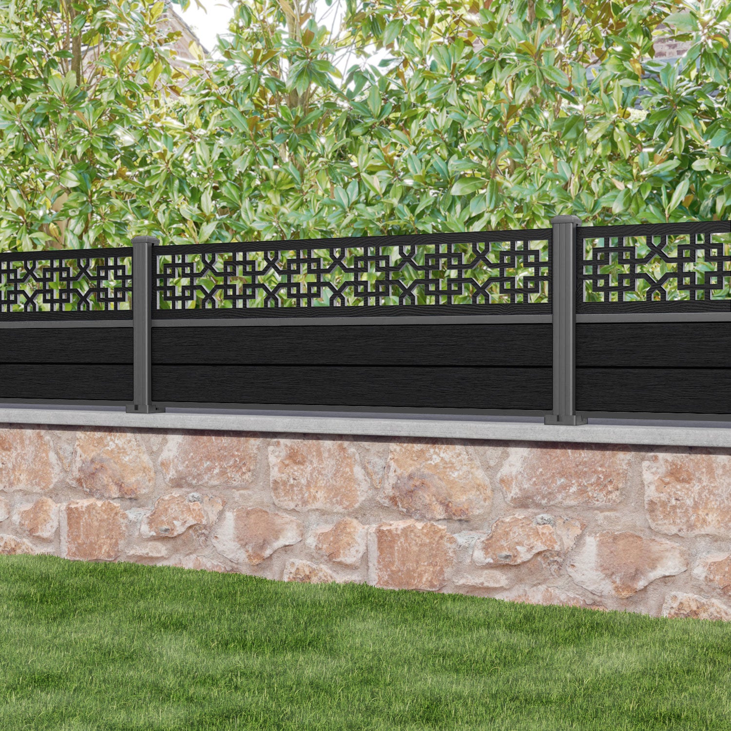 Fusion Zaria Fence Panel - Black - with our aluminium posts
