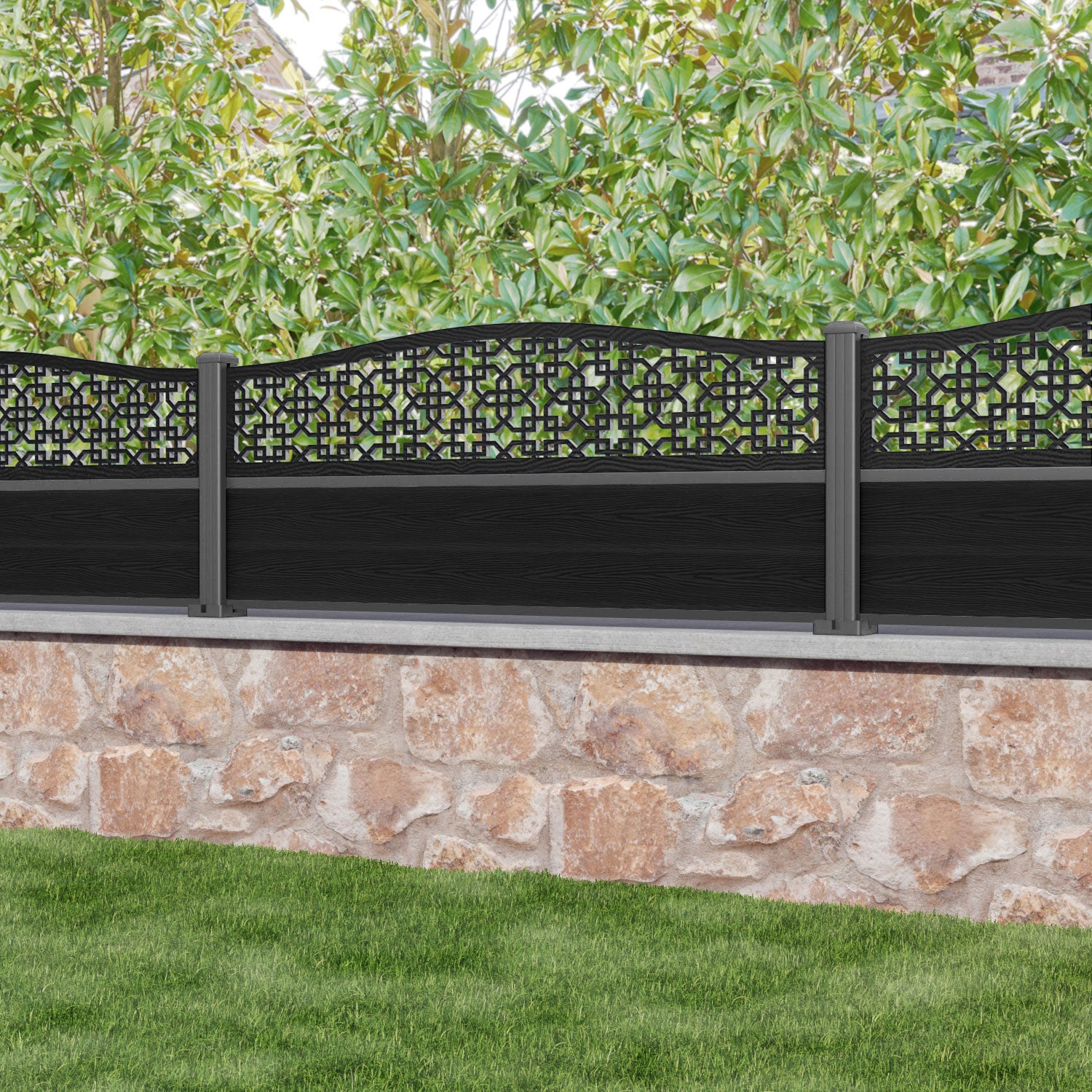 Classic Zaria Curved Top Fence Panel - Black - with our aluminium posts