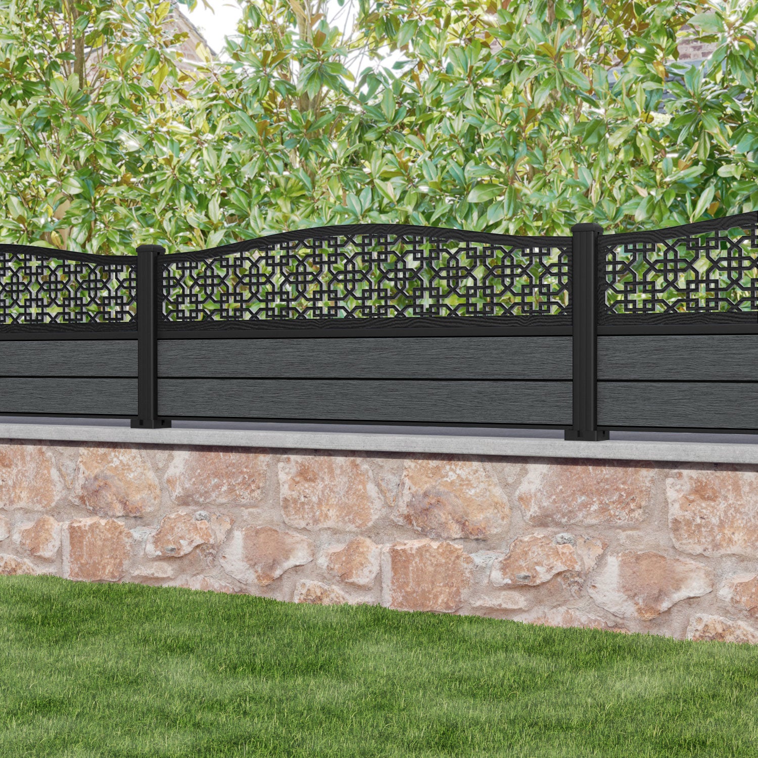 Fusion Zaria Curved Top Fence Panel - Dark Grey - with our aluminium posts