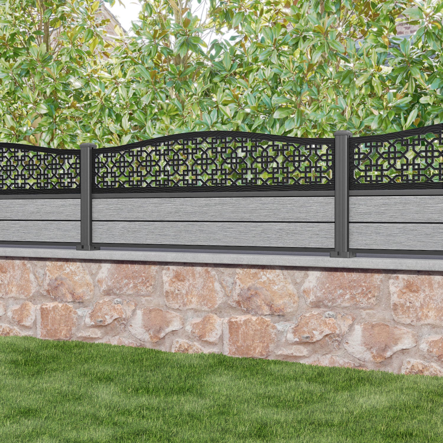 Fusion Zaria Curved Top Fence Panel - Light Grey - with our aluminium posts