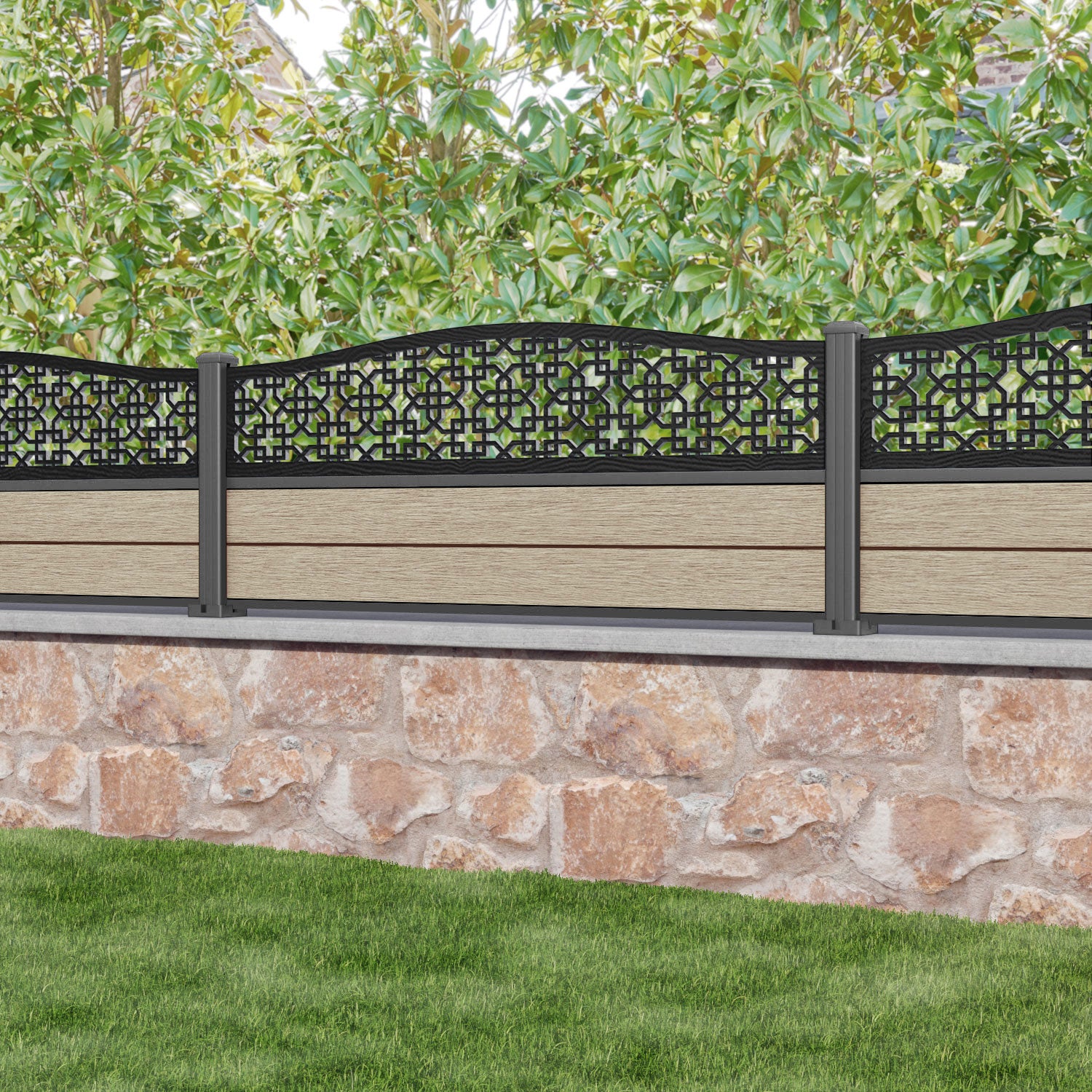 Fusion Zaria Curved Top Fence Panel - Light Oak - with our aluminium posts