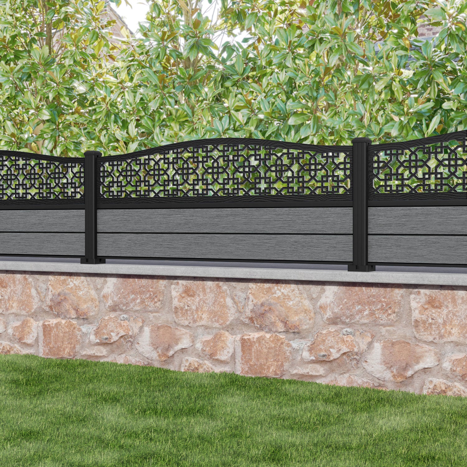 Fusion Zaria Curved Top Fence Panel - Mid Grey - with our aluminium posts