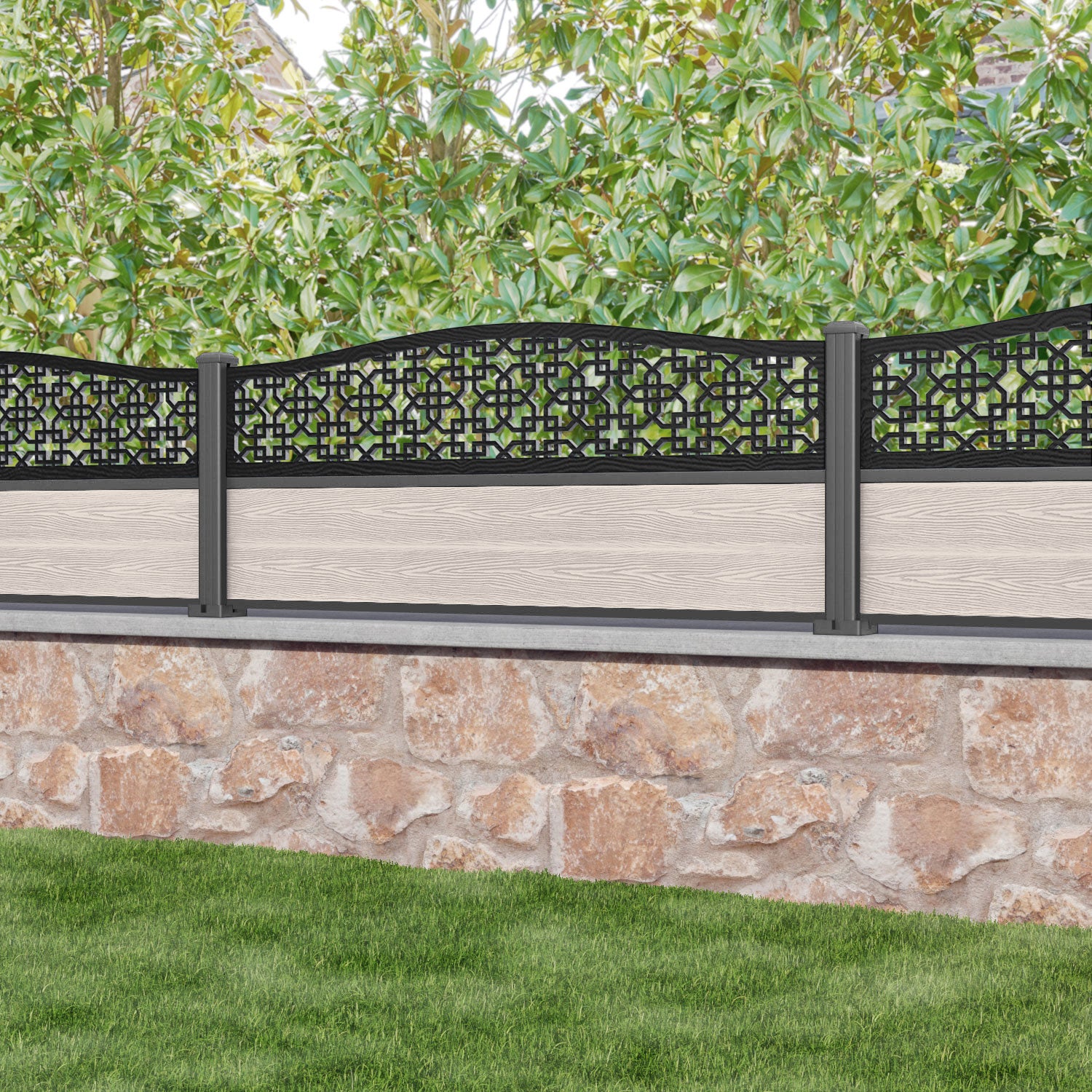 Classic Zaria Curved Top Fence Panel - Mid Stone - with our aluminium posts