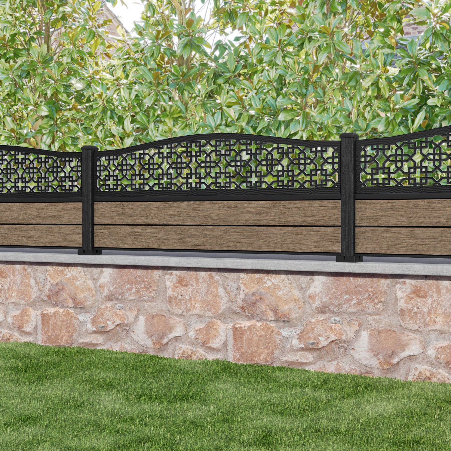 Fusion Zaria Curved Top Fence Panel - Teak - with our composite posts