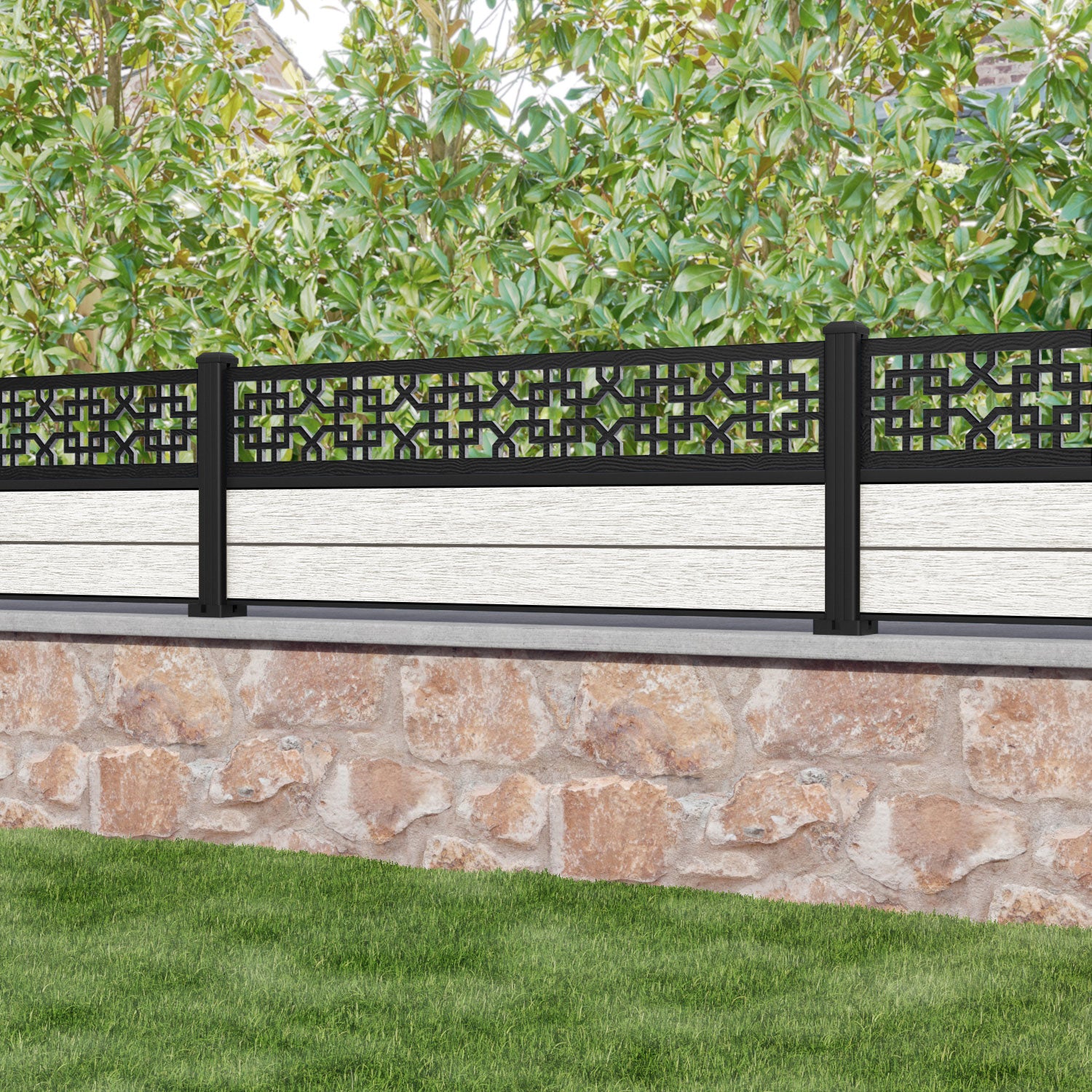 Fusion Zaria Fence Panel - Light Stone - with our aluminium posts