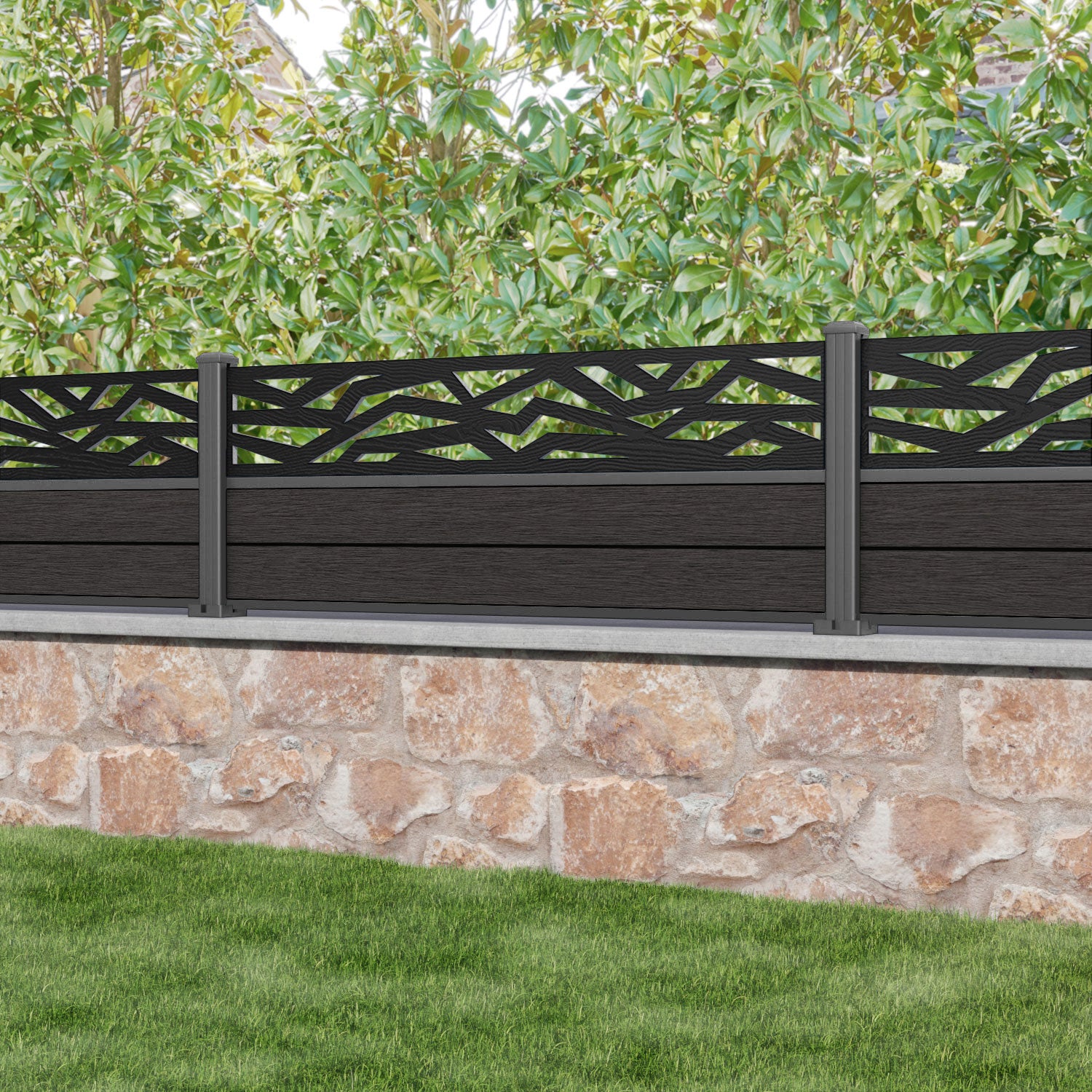 Fusion Zenith Fence Panel - Dark Oak - with our aluminium posts