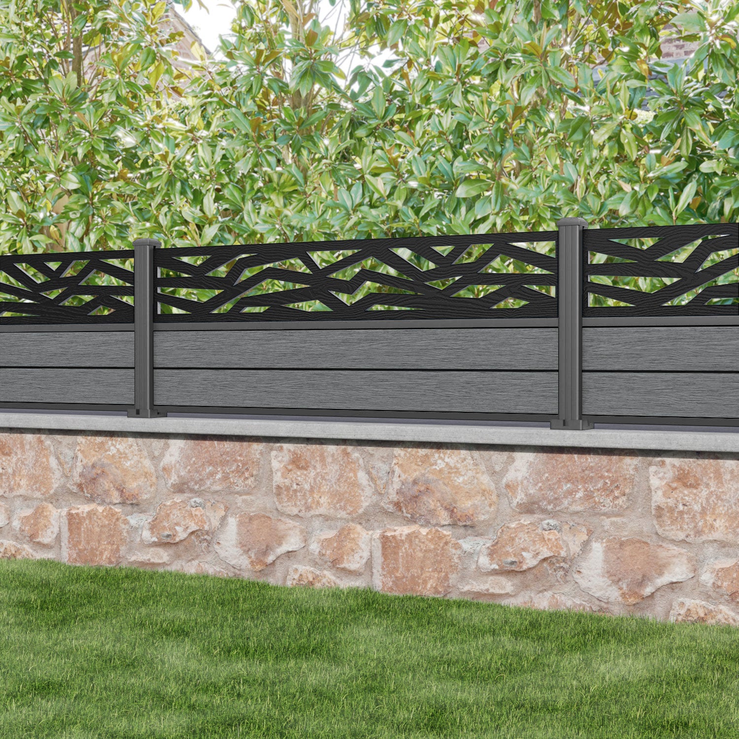 Fusion Zenith Fence Panel - Mid Grey - with our aluminium posts