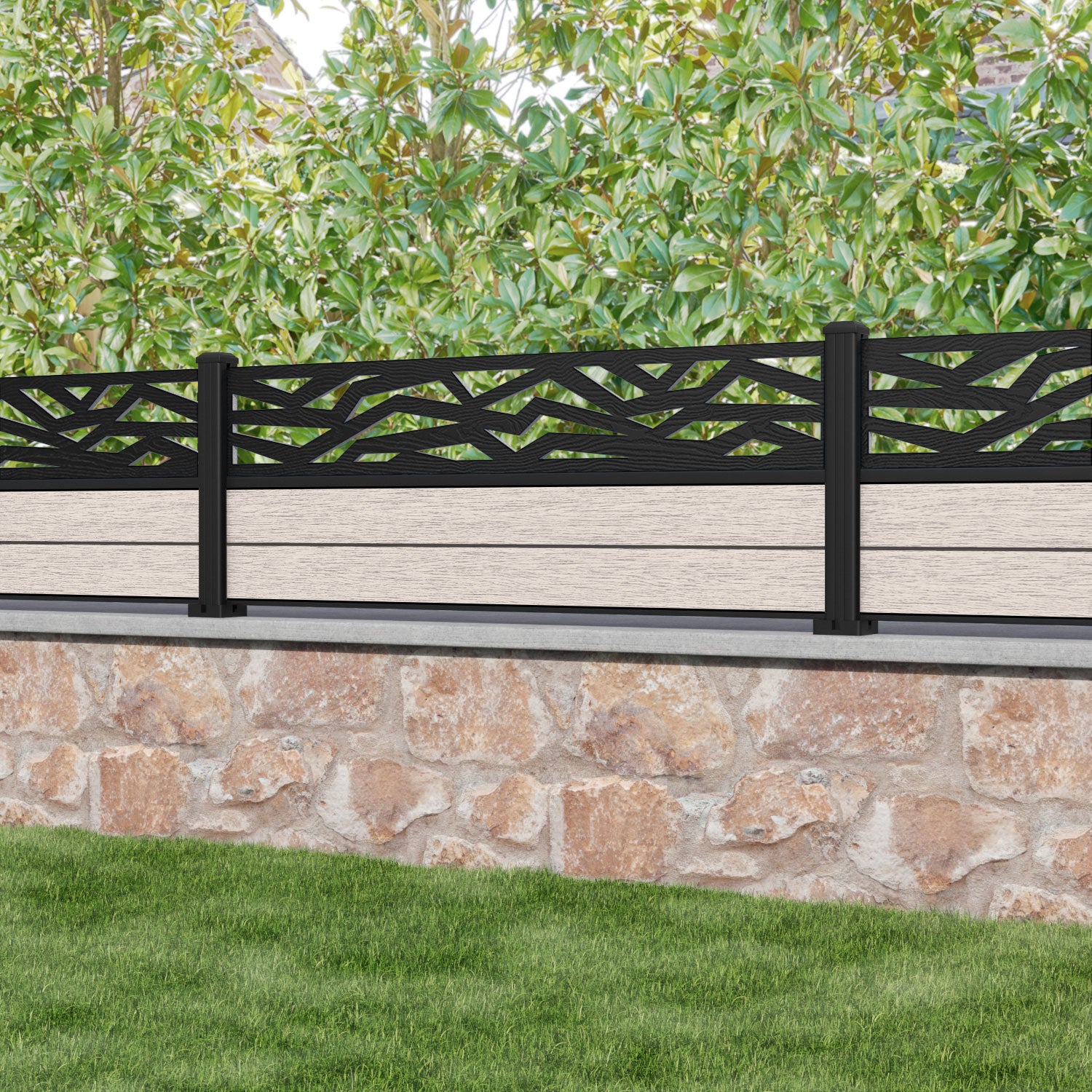Fusion Zenith Fence Panel - Mid Stone - with our aluminium posts