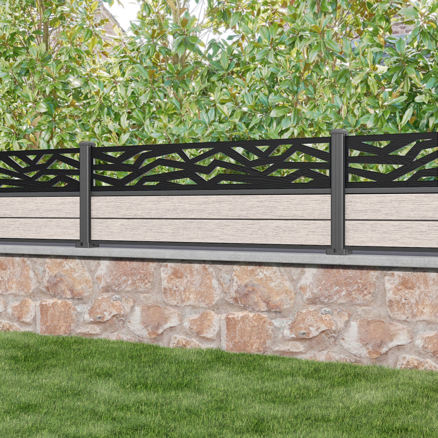 Fusion Zenith Fence Panel - Mid Stone - with our aluminium posts
