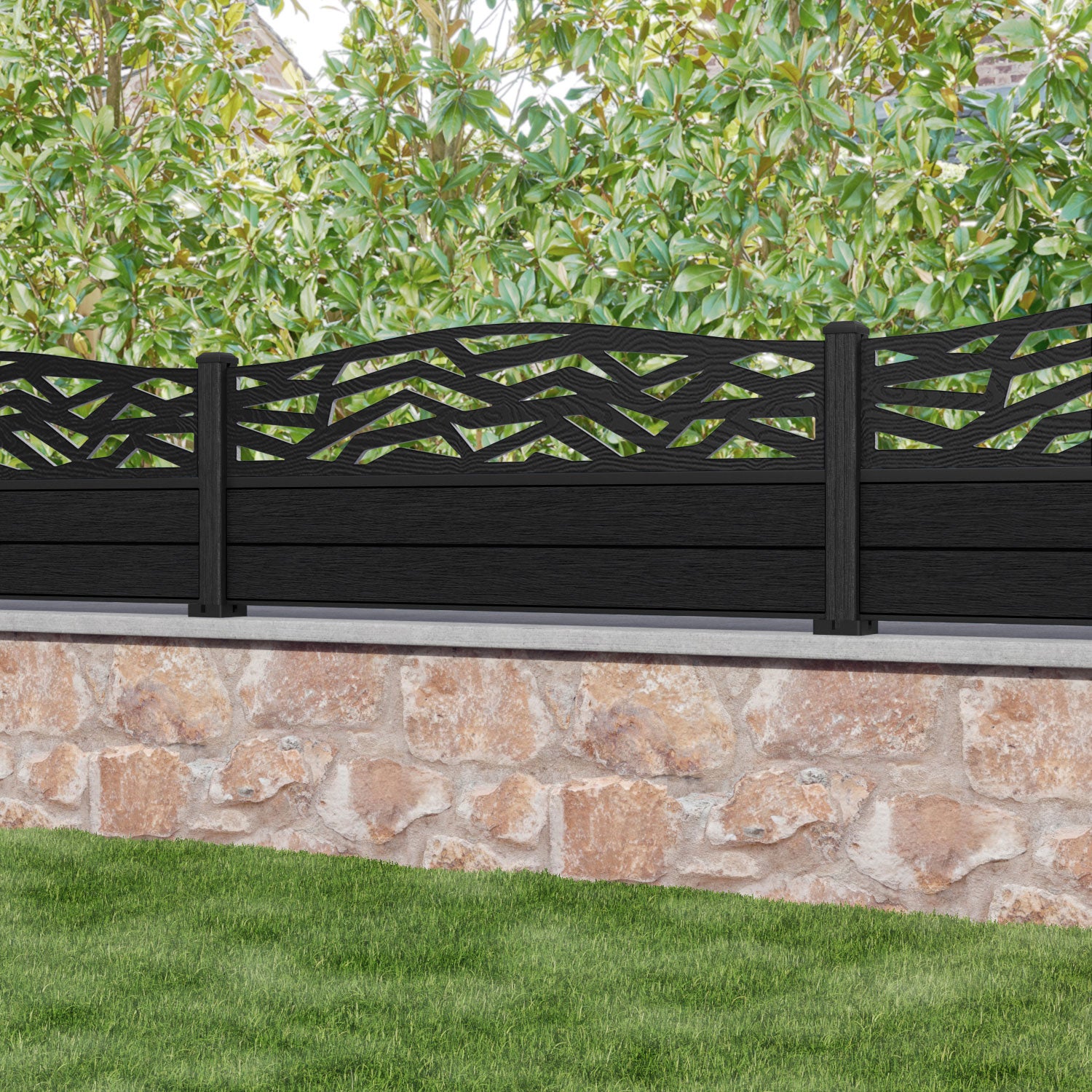 Fusion Zenith Curved Top Fence Panel - Black - with our composite posts