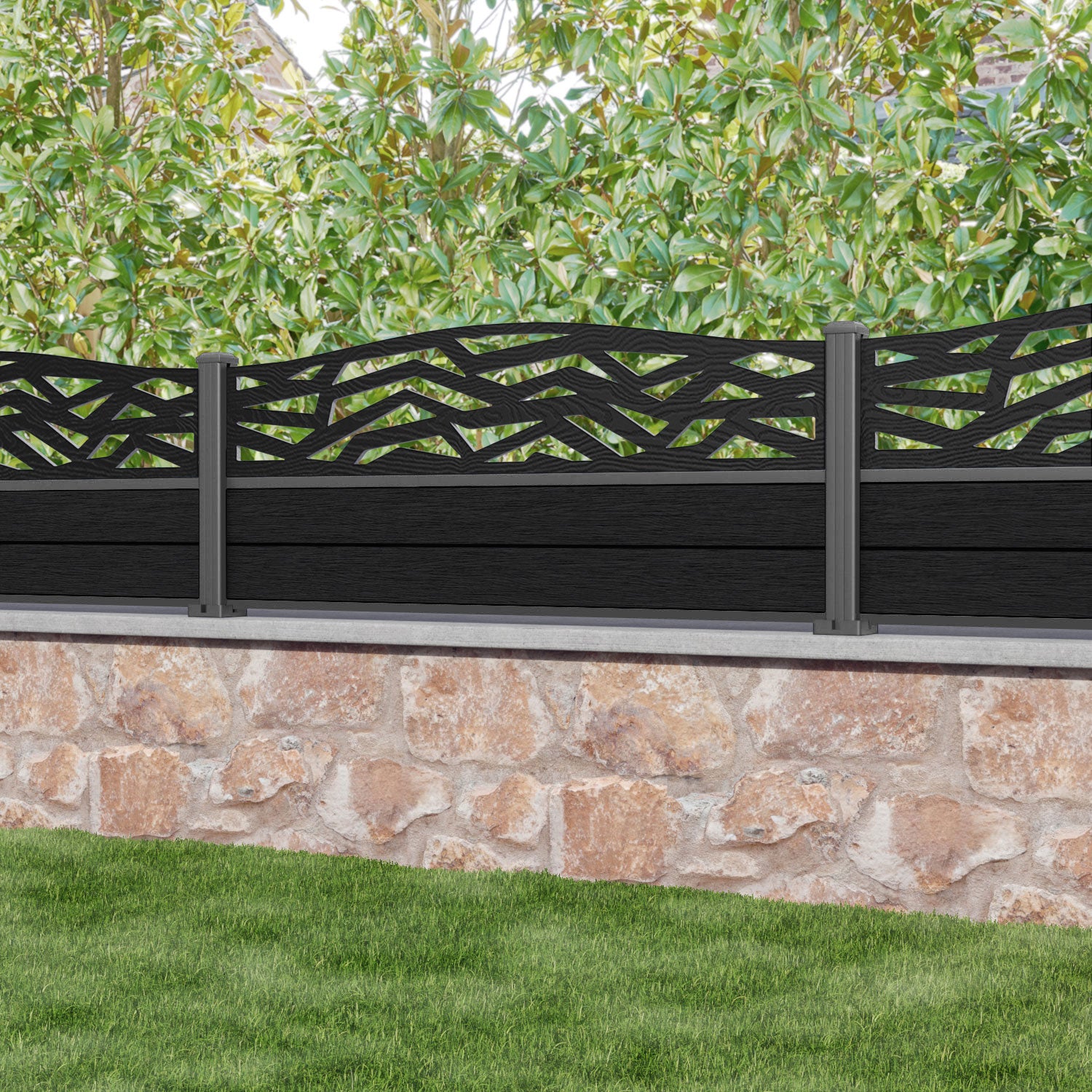 Fusion Zenith Curved Top Fence Panel - Black - with our aluminium posts