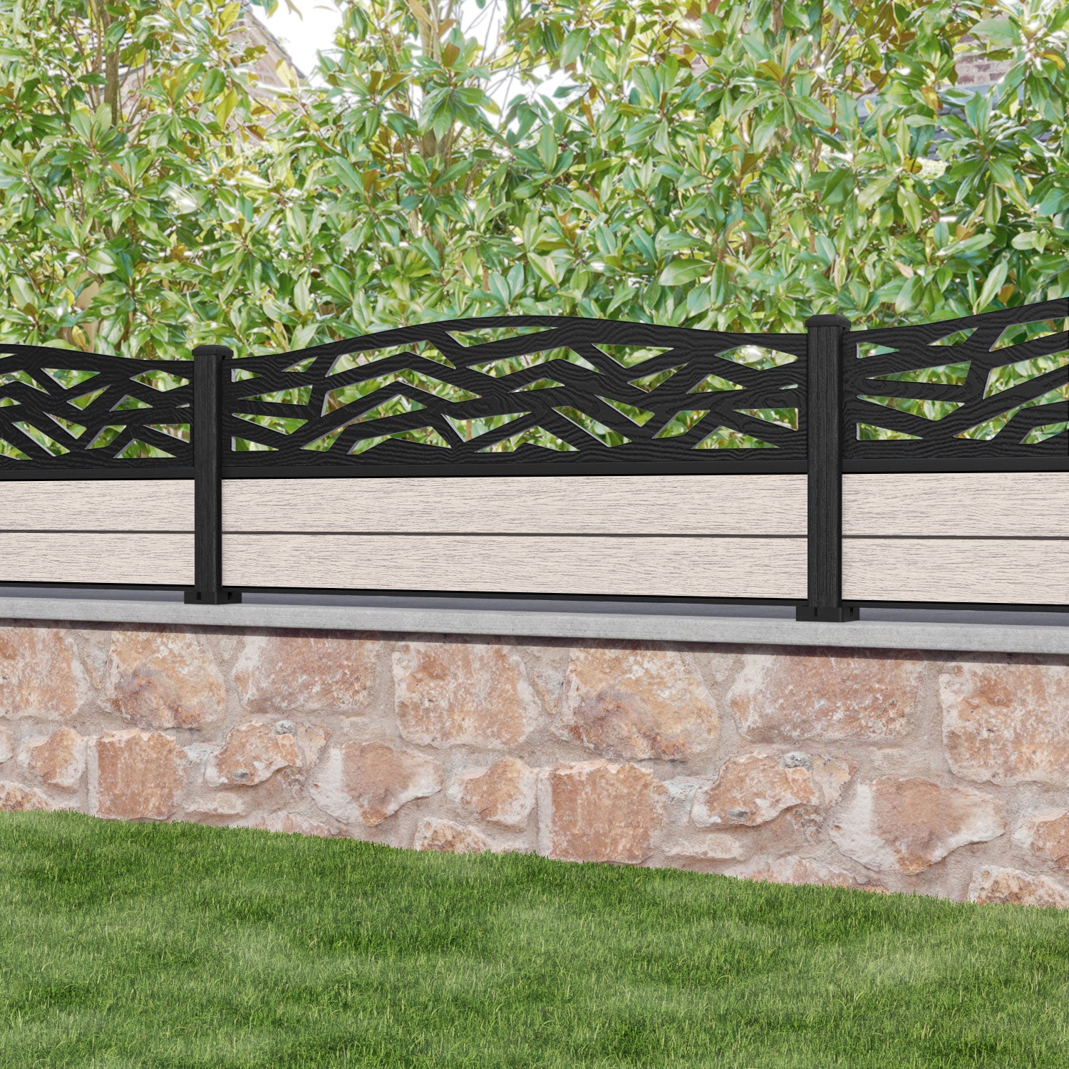 Fusion Zenith Curved Top Fence Panel - Mid Stone - with our composite posts